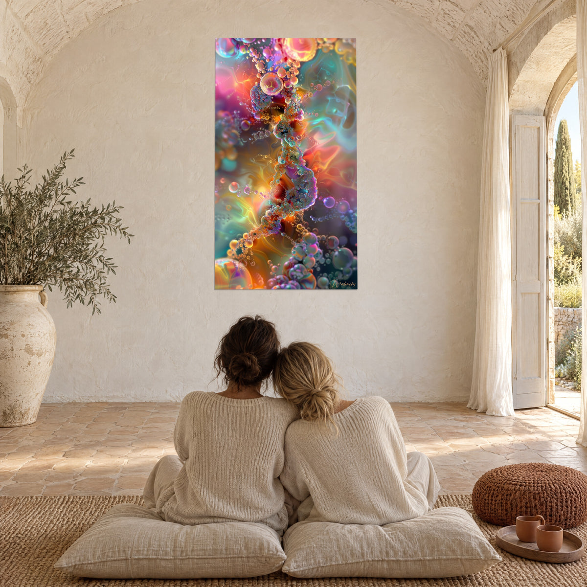 Wall art with a galaxy of iridescent bubbles in fuchsia, cyan and gold, two people seated from behind on cushions in a vaulted room