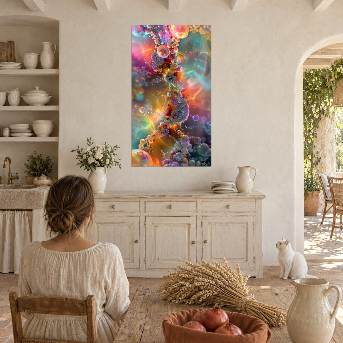 Wall art with a cosmic fresco of iridescent spheres in magenta, golden yellow and turquoise, a woman seen from behind and a white cat in a masia