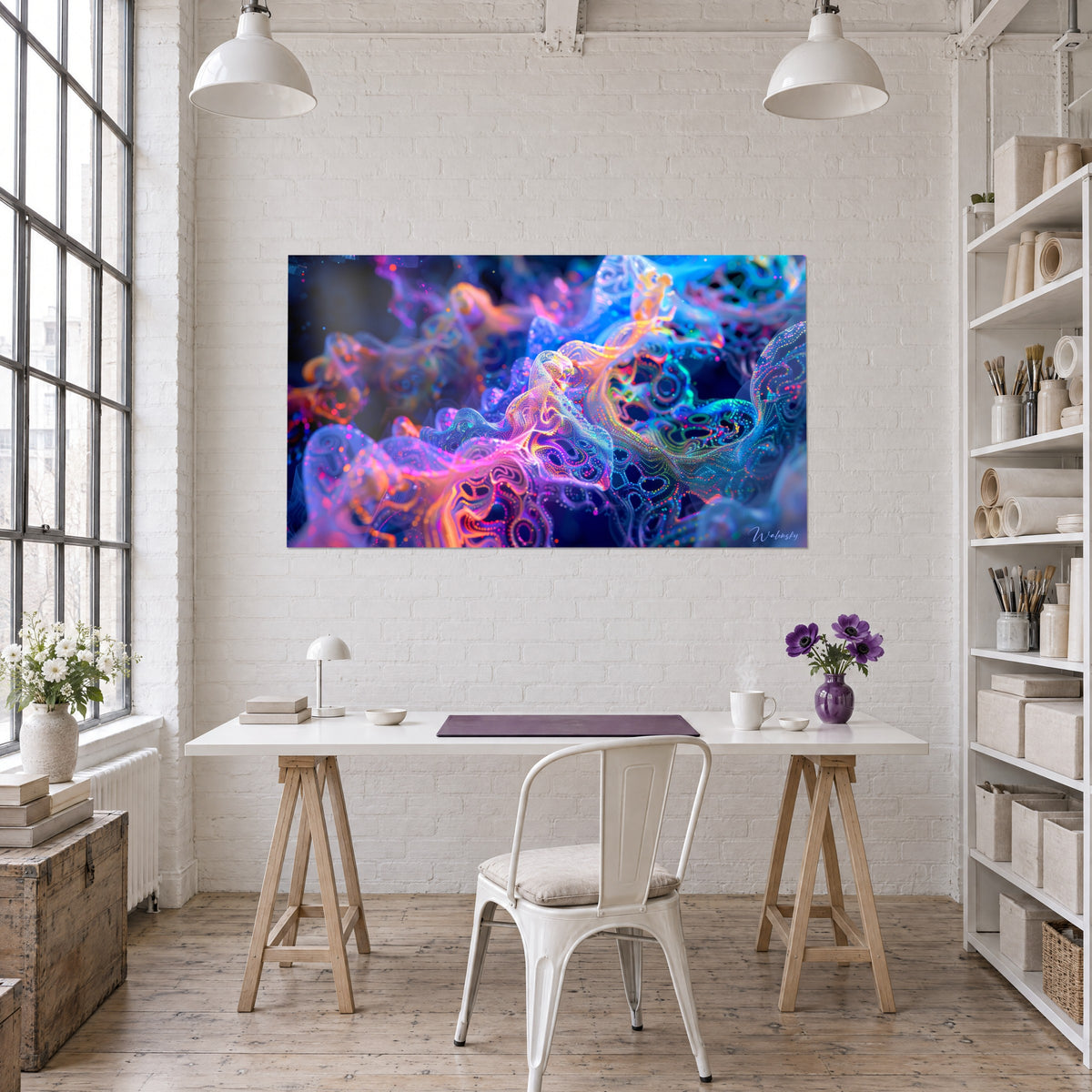 Wall art fluorescent organic interlacings in magenta and cobalt blue, hung above a white loft desk