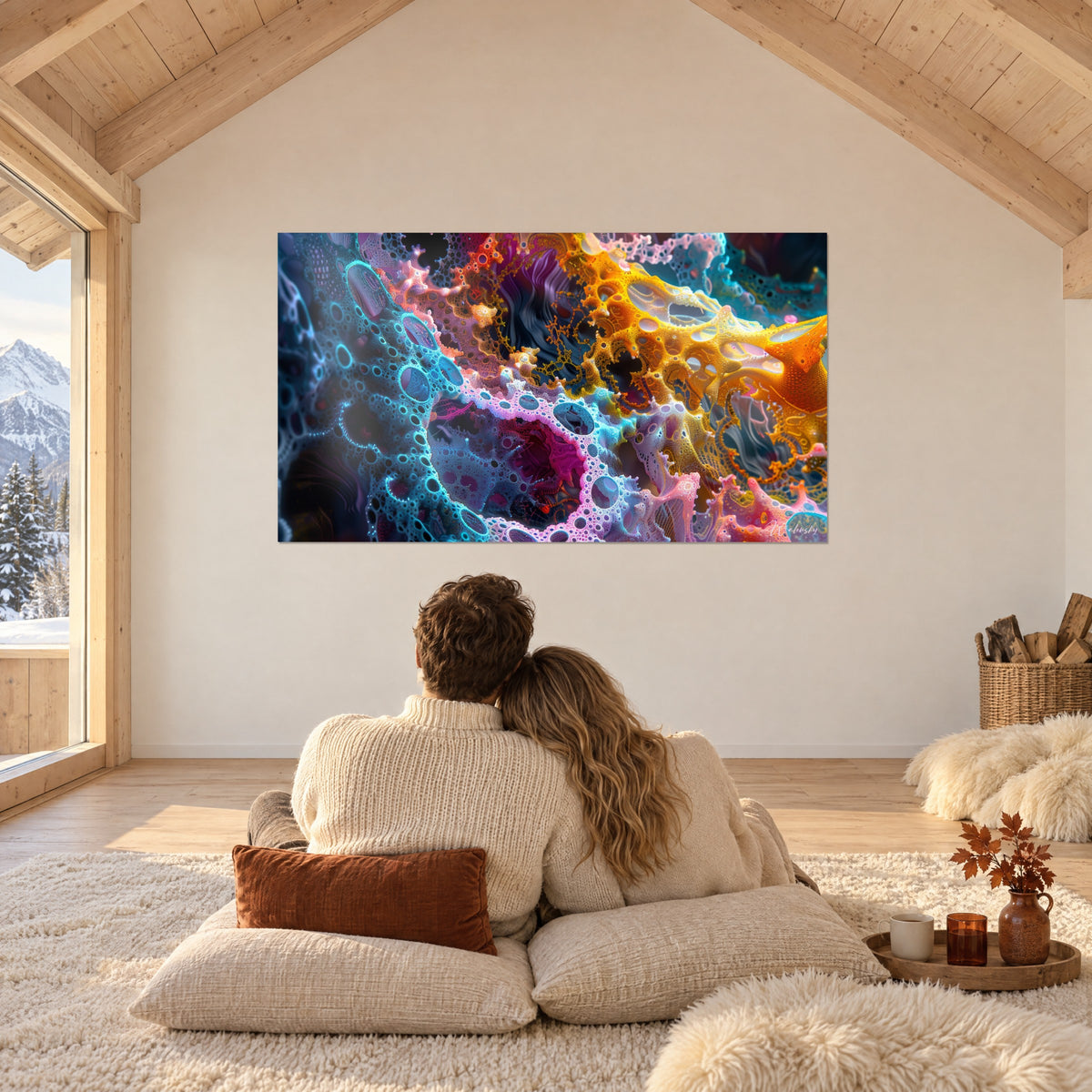 Schilderij kosmos van kleurrijke cellen, saffraan- en cyaanwervelingen, een koppel van achteren omhelsd op crèmekleurige kussens in een chalet