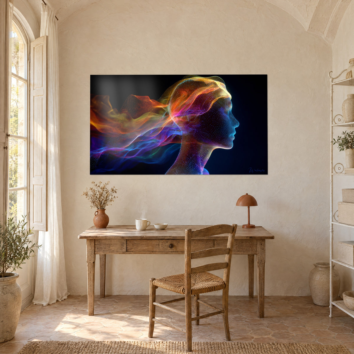 Tableau portrait numérique de profil, chevelure ondulante orange et rose vif, fond noir profond, bureau en bois clair