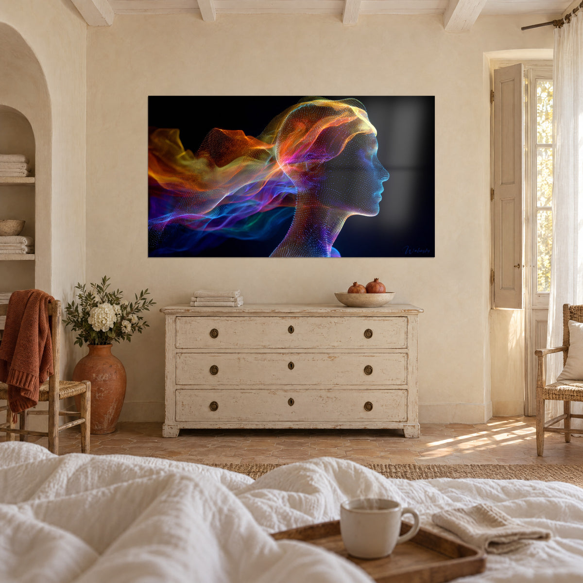 Tableau tête numérique aux cheveux de fumée rouge et dorée, profil bleu électrique, au-dessus d'un lit dans une chambre claire