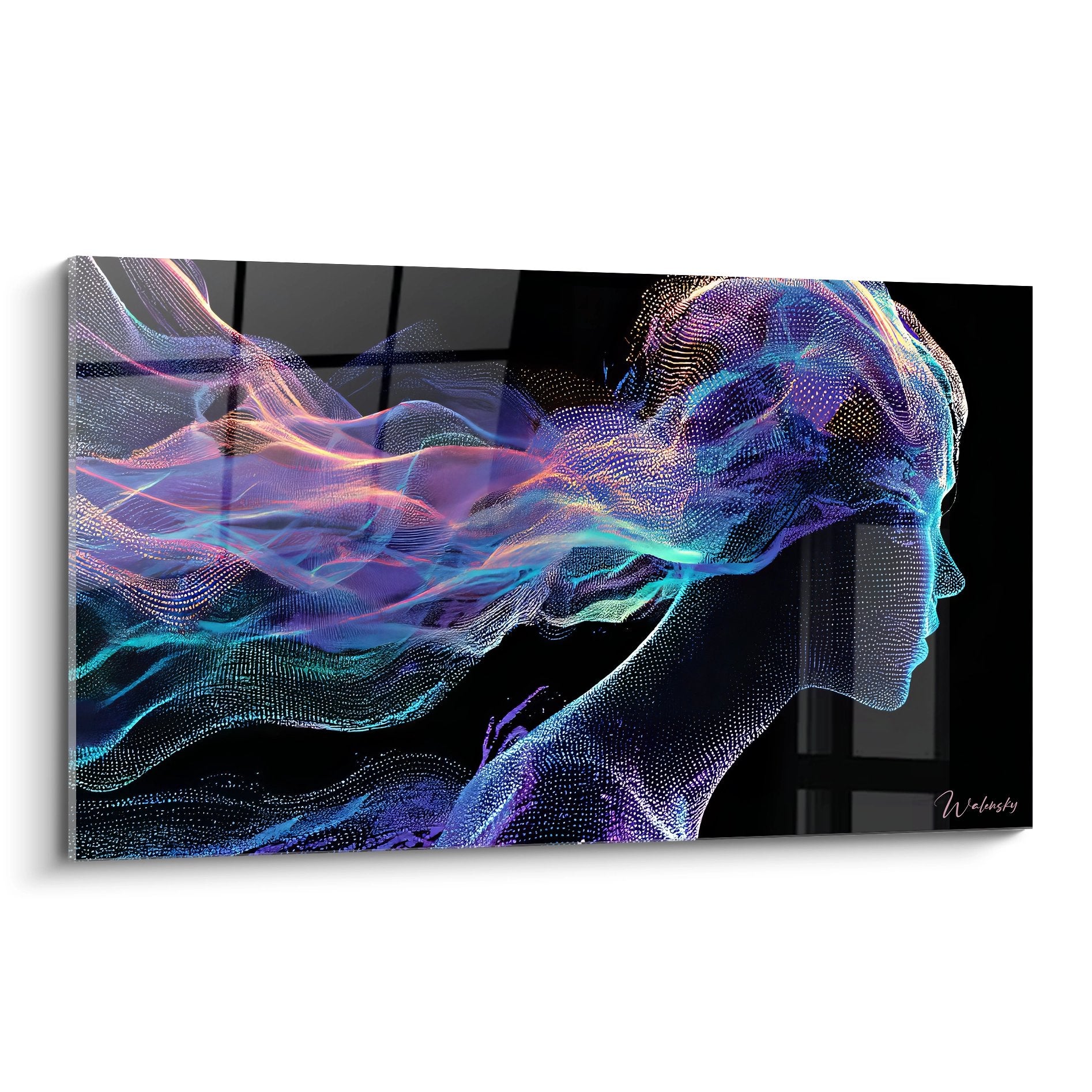 Tableau neuronal profil féminin avec flux colorés violets et bleus sur fond noir art digital moderne