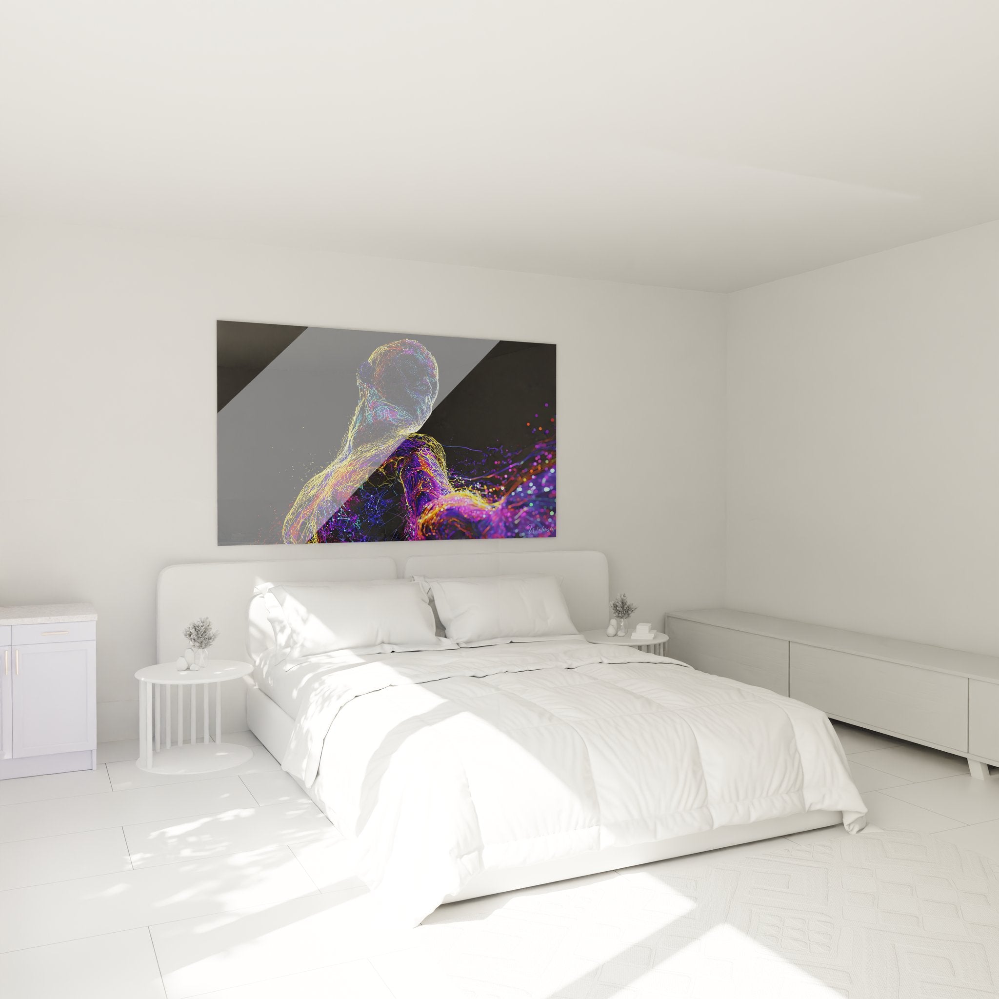 Tableau art neuronal silhouette électrique installé dans chambre moderne ambiance contemporaine