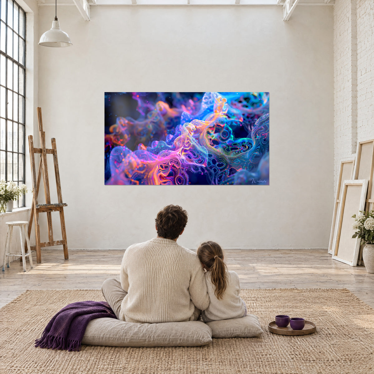 Wall art lace of glowing orange and blue connections, a couple seated from behind facing the canvas in a loft