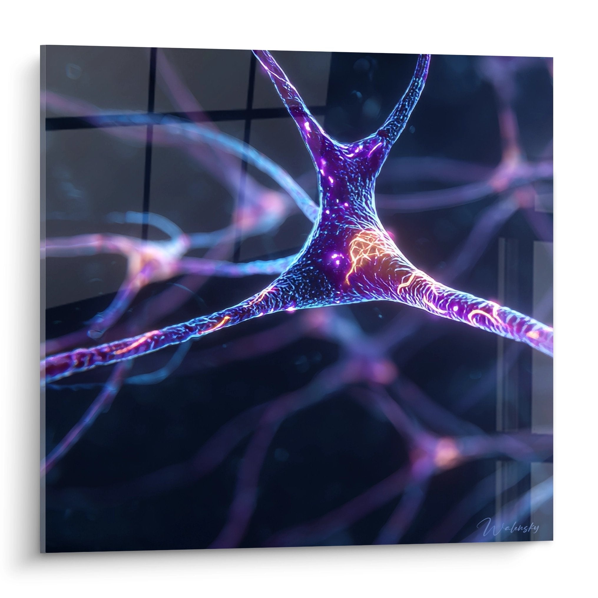 Tableau mural neurone lumineux violet et bleu avec synapse électrique dorée, art neuronal moderne