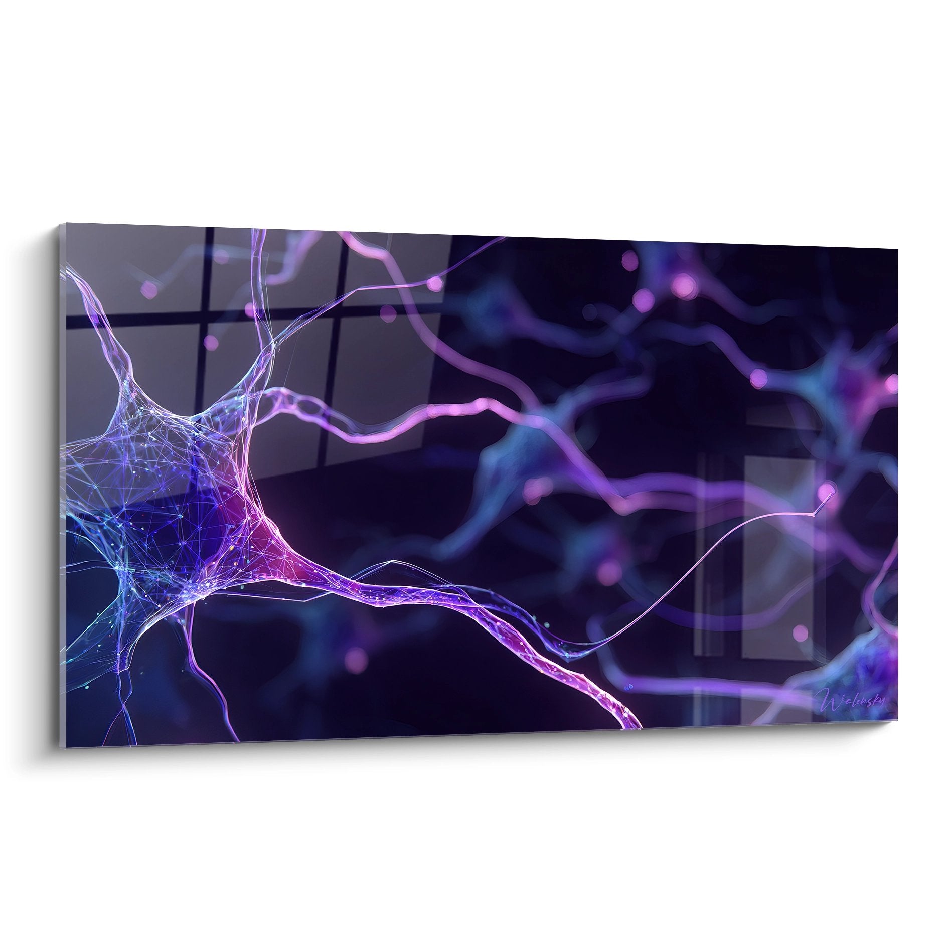 Tableau neurone synaptique violet avec connexions électriques lumineuses art neuronal moderne