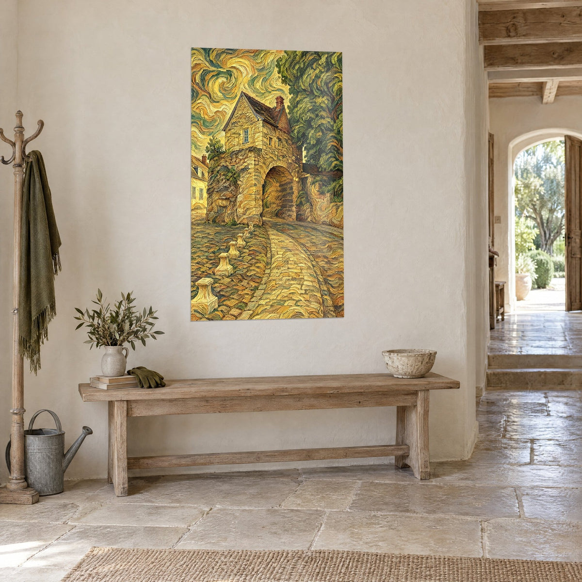 Wall art medieval house with a vaulted arch, brown roof and thick brushstrokes of green oak, white wall, stone entrance