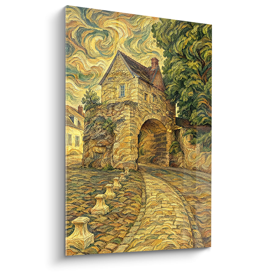 Schilderij Binnenpoort met oker- en groenwervelingen - Dorpsdroom - Editie Nevers Bourgogne-Franche-Comté Frankrijk