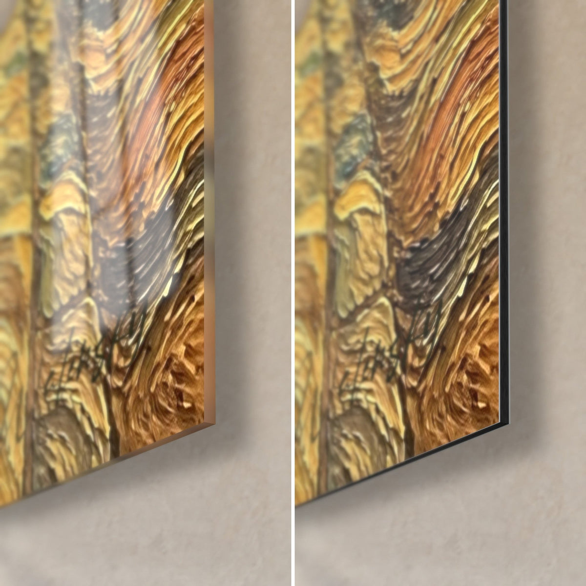 Wall art stone portal with ochre and green swirls, bottom right corner: glossy glass on the left, matte Dibond on the right, thin edge