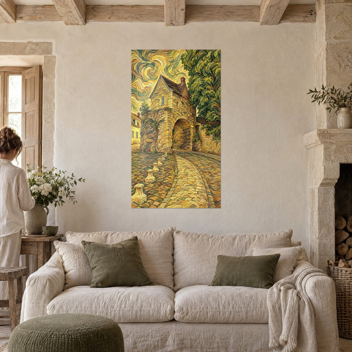 Wall art fortified stone gate in ochre stone under a swirling yellow and green sky, above a sofa in a bright living room
