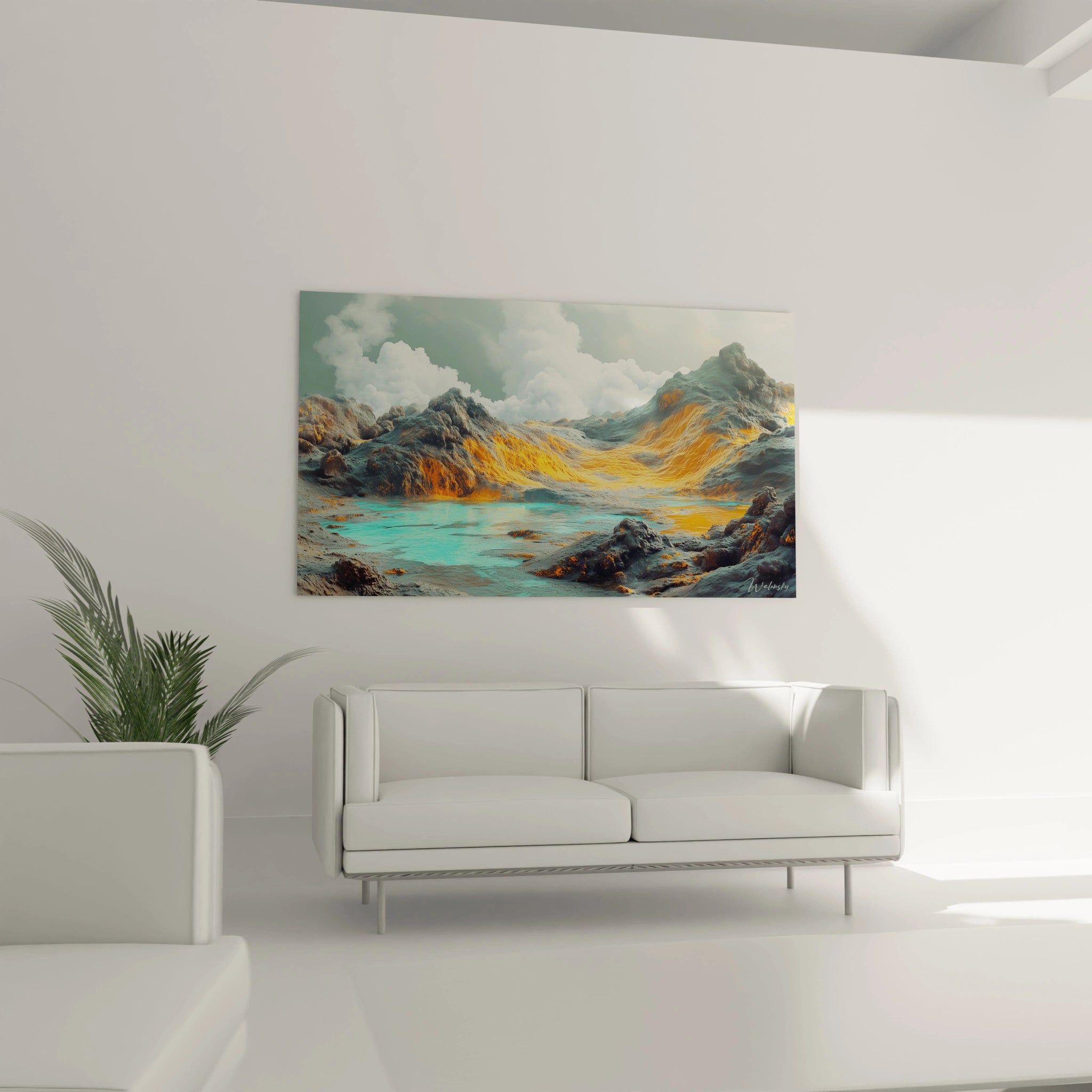 Représentation artistique d'un paysage de montagne avec sommets dorés illuminés, lac turquoise central et rochers gris au premier plan sur fond de ciel nuageux
