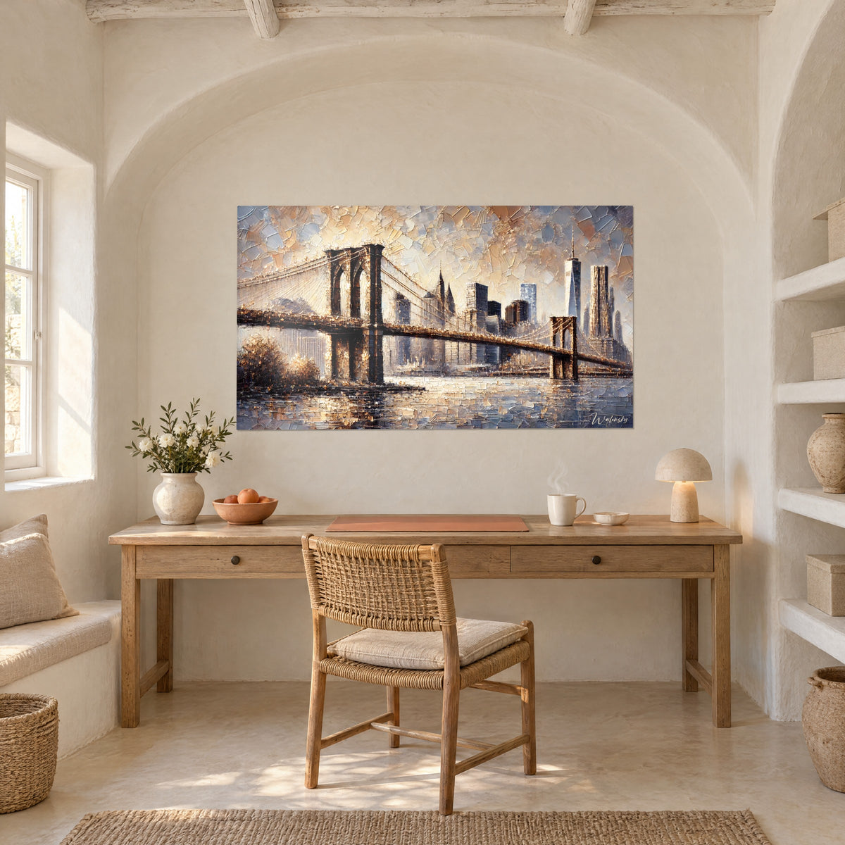 Quadro Manhattan sotto un cielo di lastre ocra e avorio, torri bluastre, pilone bruno, sopra una scrivania in legno chiaro