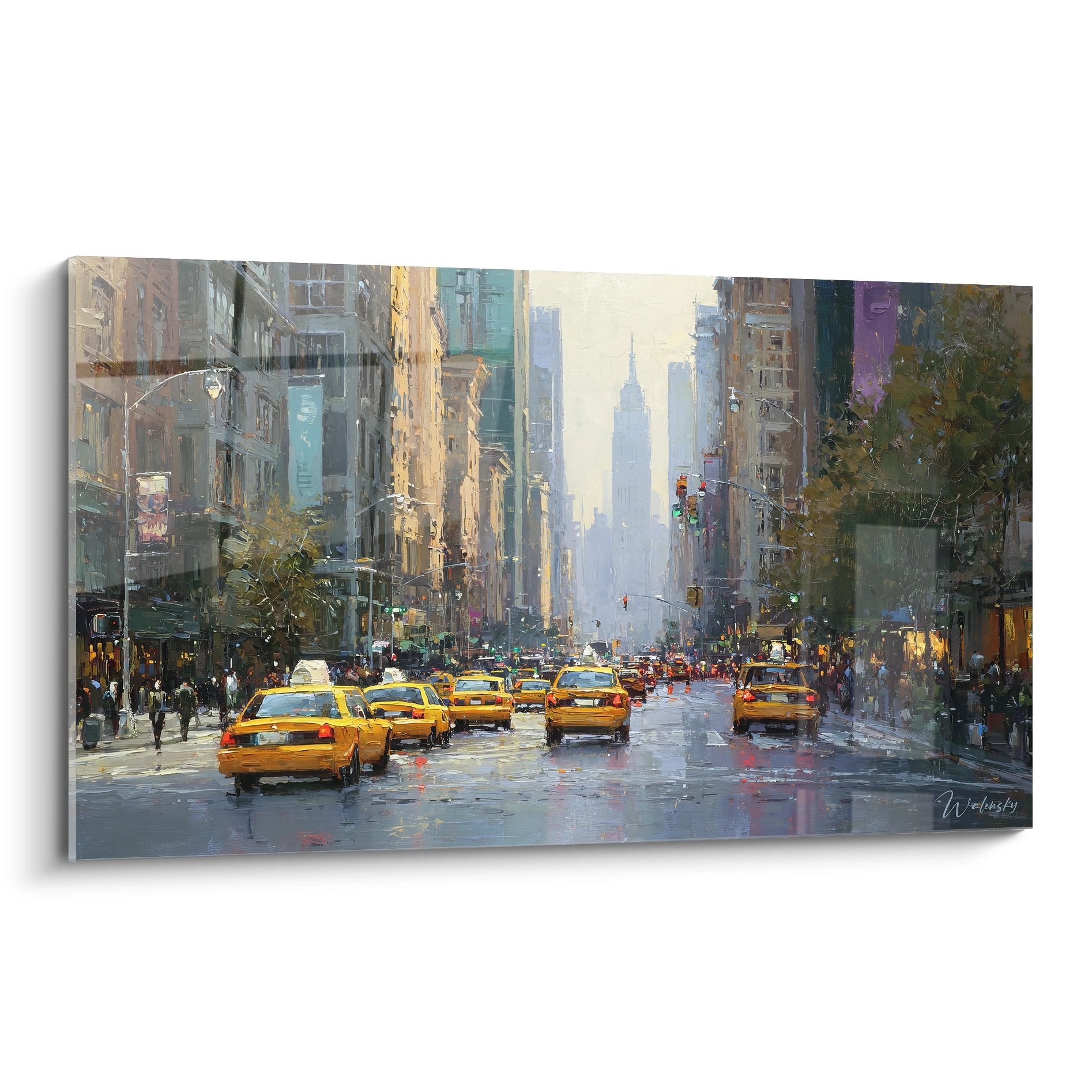 Tableau mural New York avenue urbaine avec taxis jaunes sous la pluie et Empire State Building