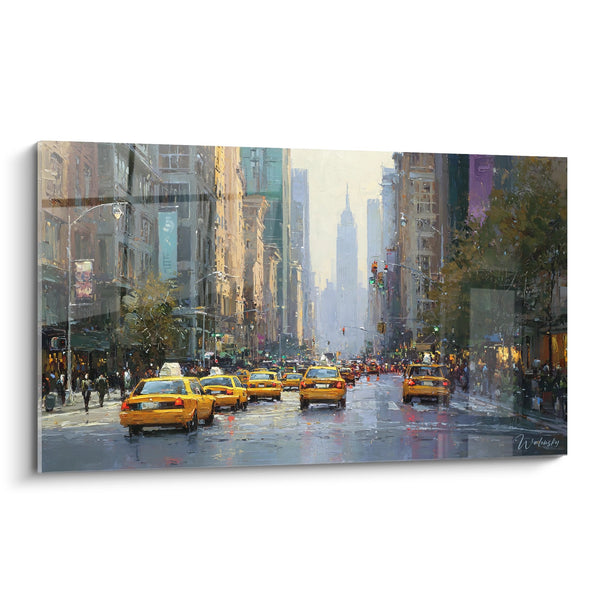 Gemälde Straße New York mit gelben Taxis - Urbane Allee im Regen - New York Edition