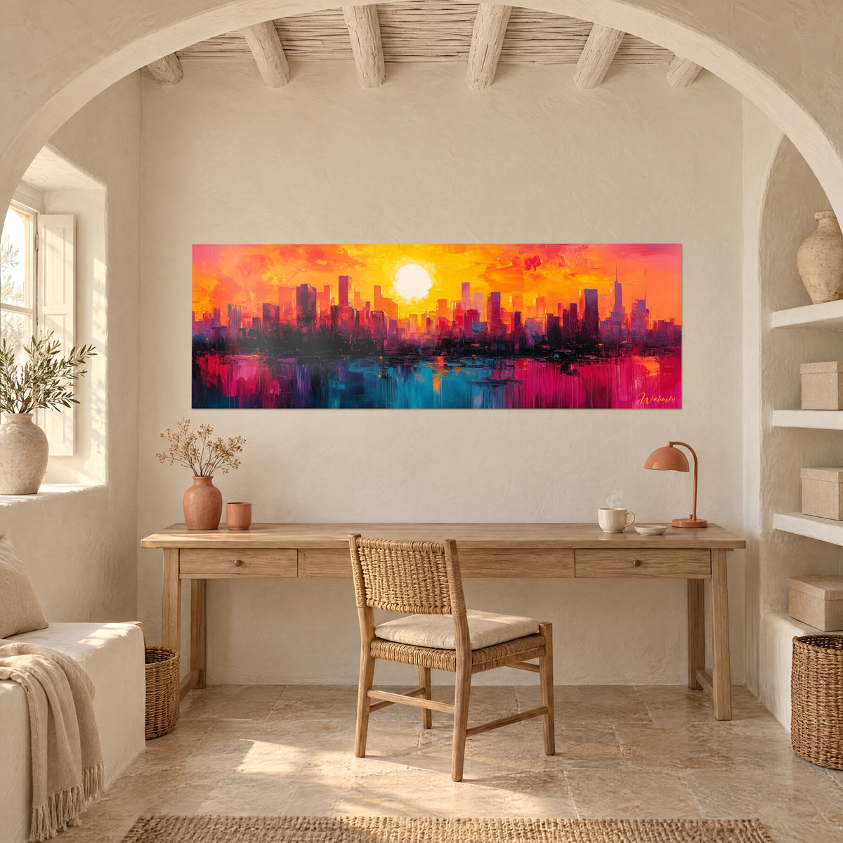 Cuadro de horizonte de edificios con pintura espesa, puesta de sol amarilla, agua magenta y azul petróleo, escritorio de madera y lámpara coral