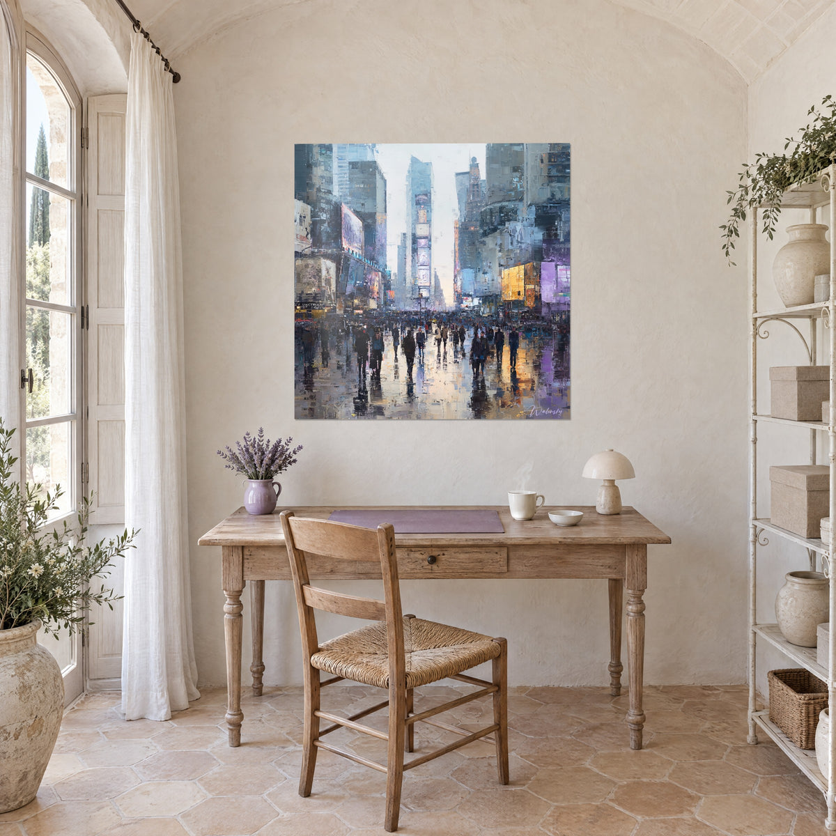 Wall art impressionist New York, canyon of pale blue skyscrapers, lilac and yellow signs, dark passersby, facing a light wood desk