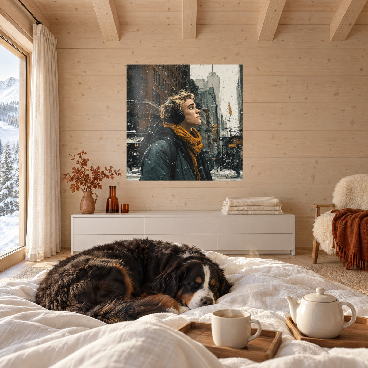 Cuadro amante de la música de rizos rubios, bufanda naranja y nieve blanca, encima de una cama en un dormitorio luminoso