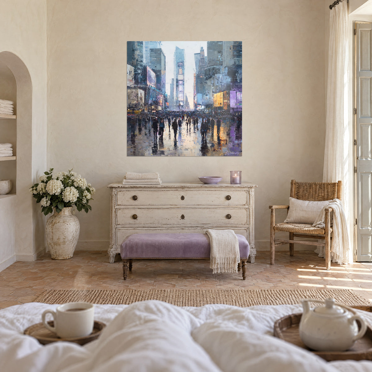 Wall art Manhattan at rainy rush hour, bluish towers, golden screens, glistening pavement, above a bed in a bright bedroom