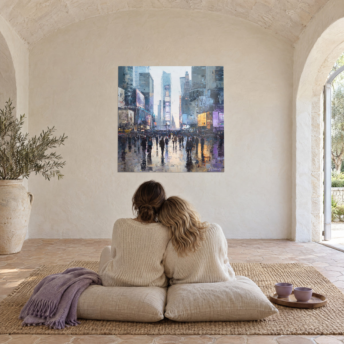 Wall art misty Broadway in palette-knife strokes, cream sky, blue-grey facades, purple signs, two people embracing from behind on cushions