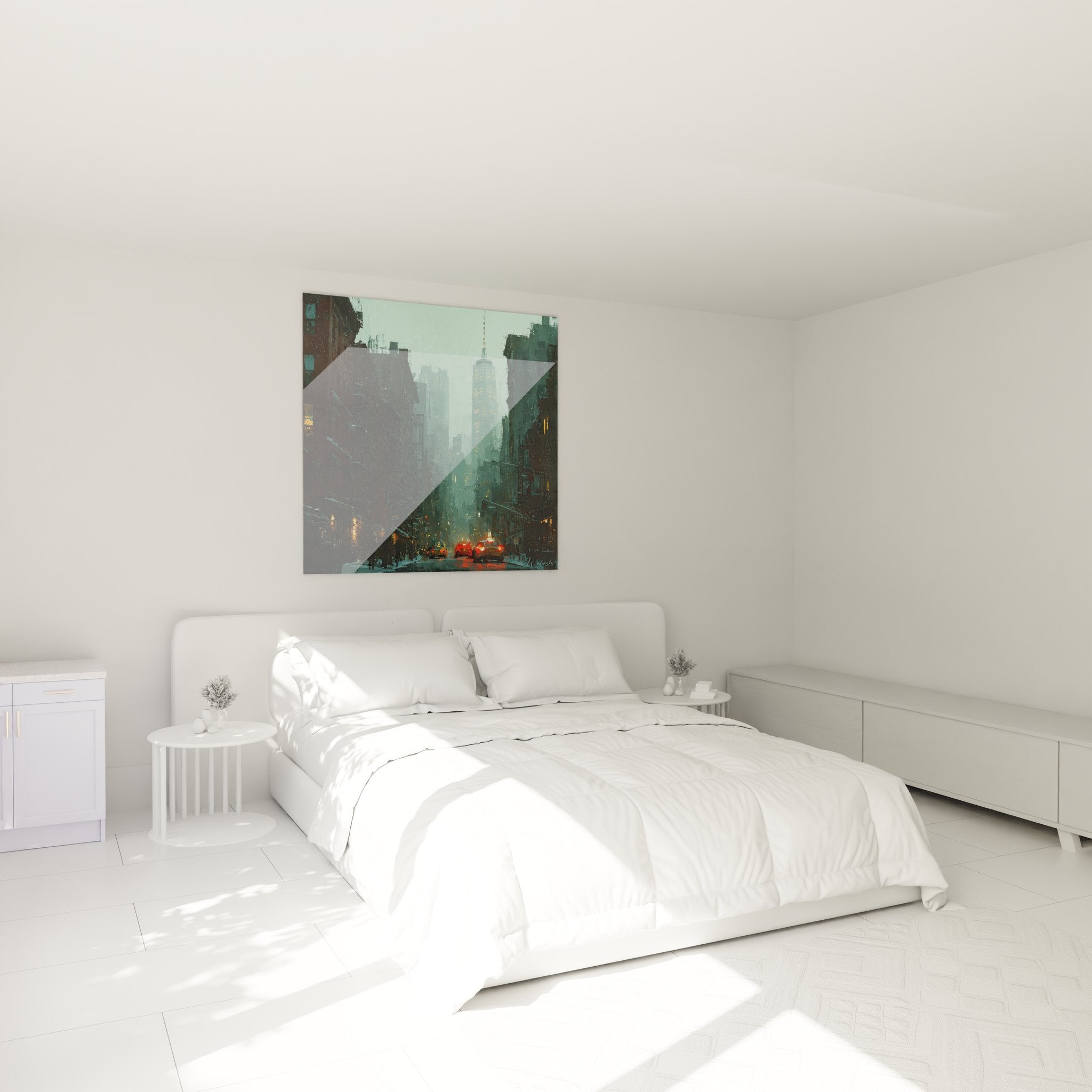 Décoration chambre avec tableau New York pluvieux créant ambiance urbaine moderne et sophistiquée