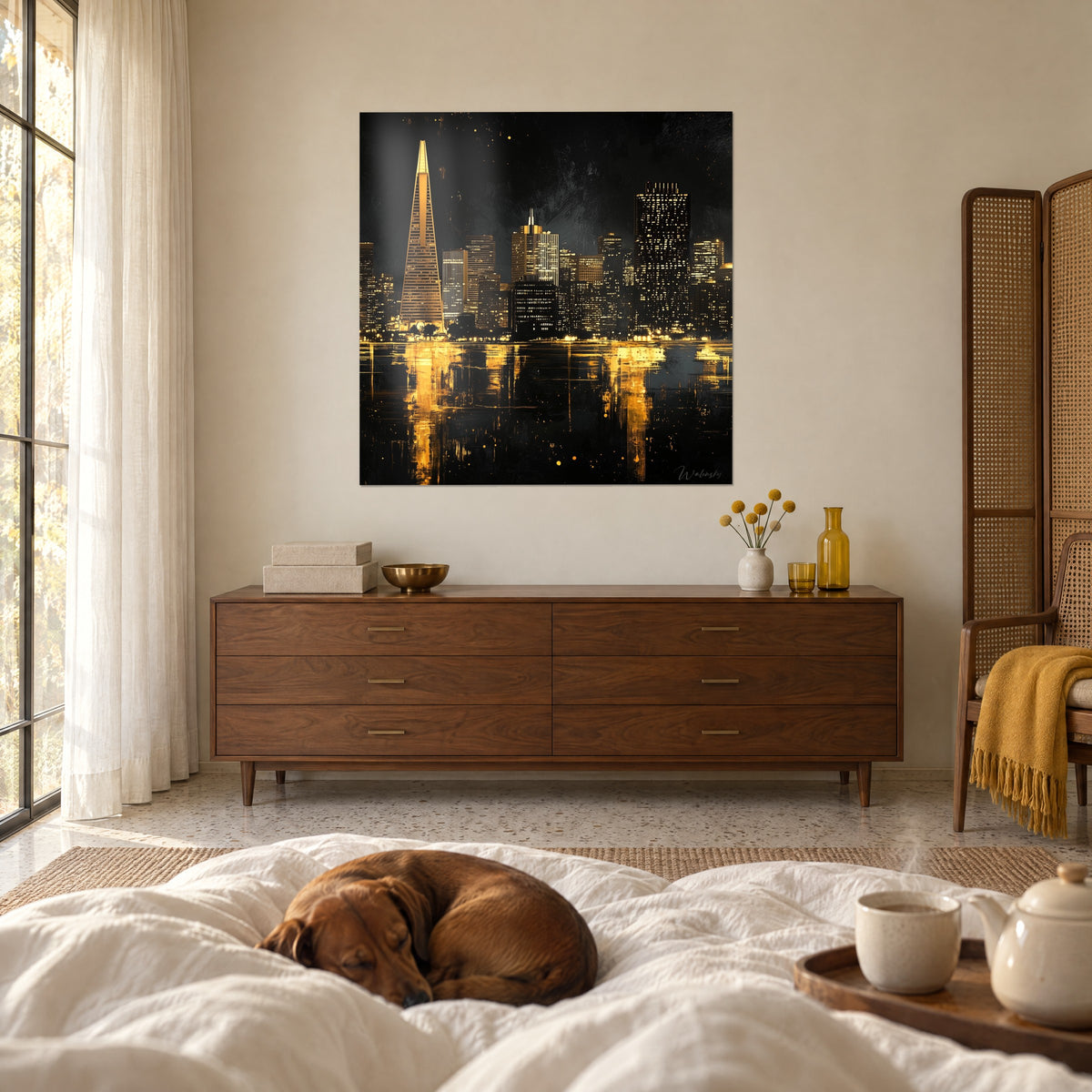 Tableau panorama urbain de nuit, tours noires piquetées d'or et reflets jaunes sur l'eau, dachshund endormi, au-dessus d'un lit dans une chambre claire