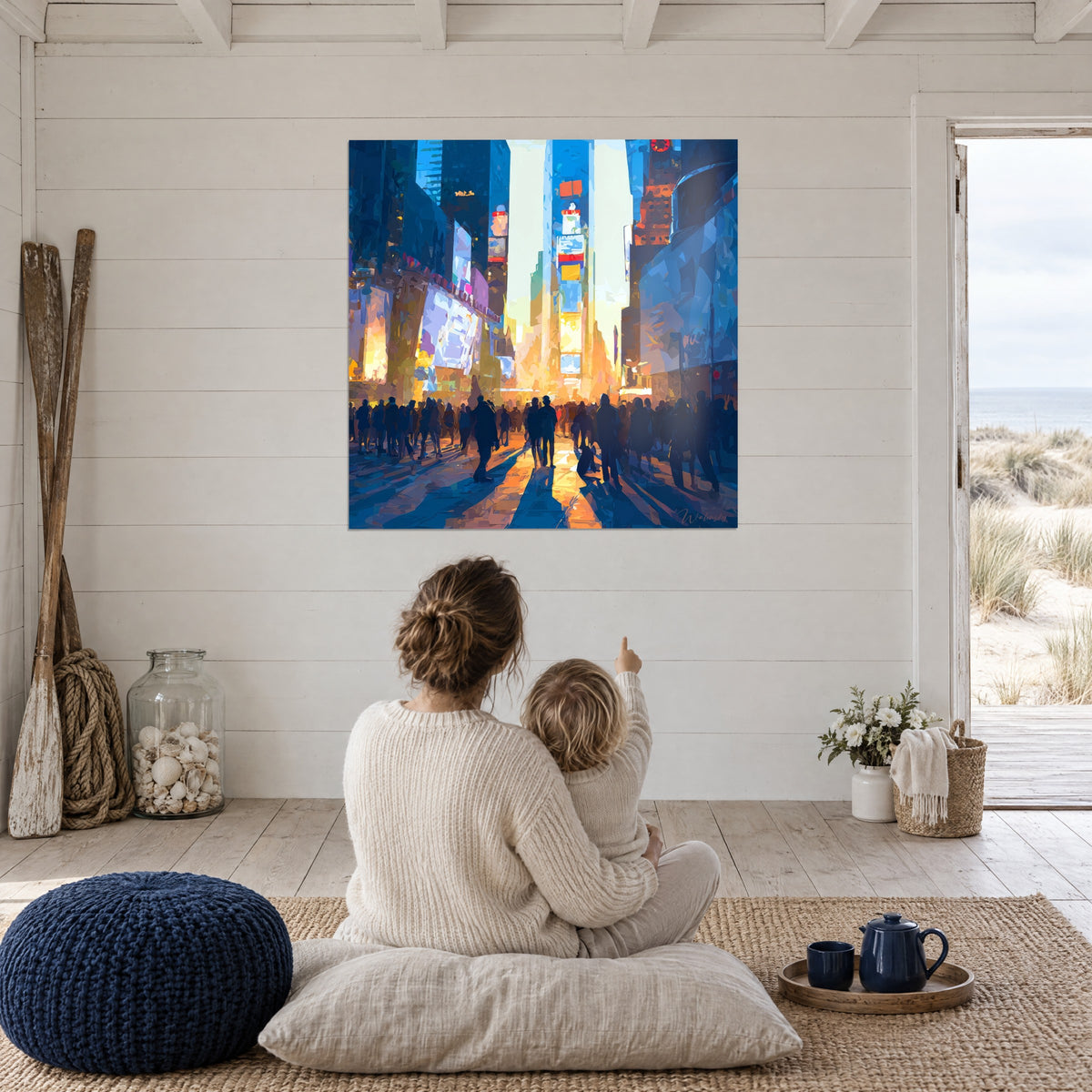 Gemälde Skyline des Times Square, rote und gelbe Tafeln vor blauen Fassaden, eine Mutter mit ihrem Kind von hinten sitzend, Haus am Meer