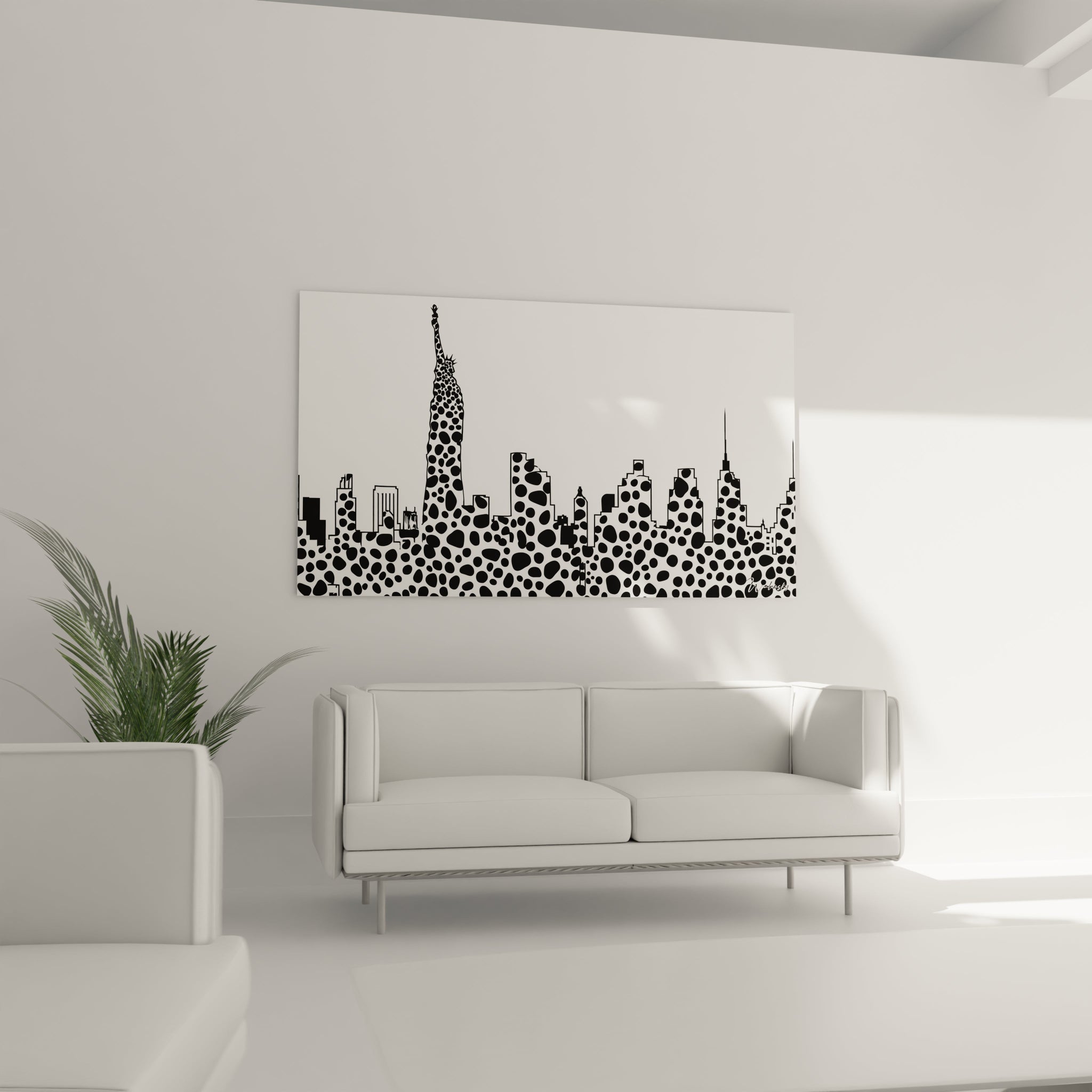 Tableau tacheté noir et blanc représentant la skyline de New York avec des points accentués