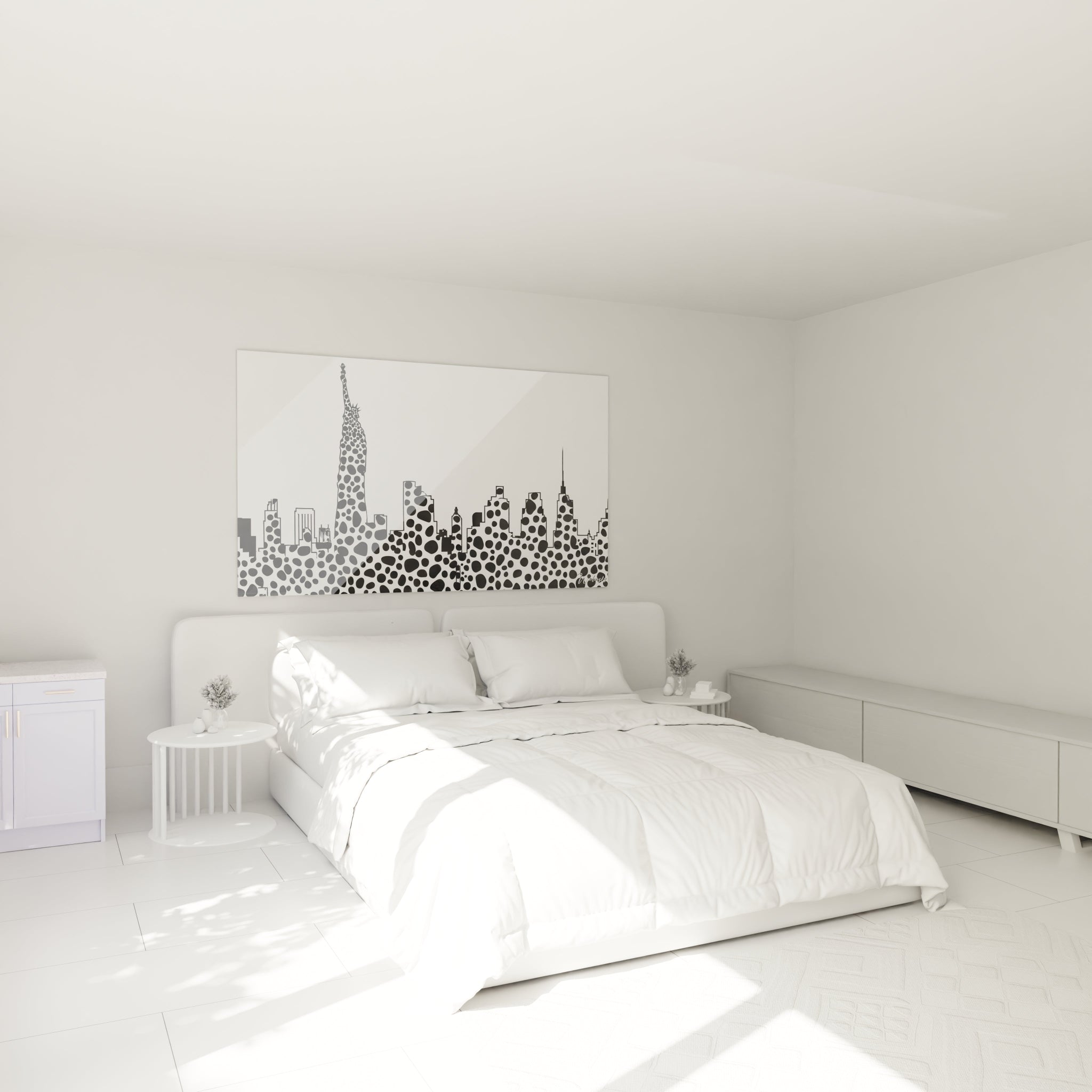 Tableau tacheté noir et blanc de Walensky avec silhouette de ville moderne au-dessus d'un lit élégant