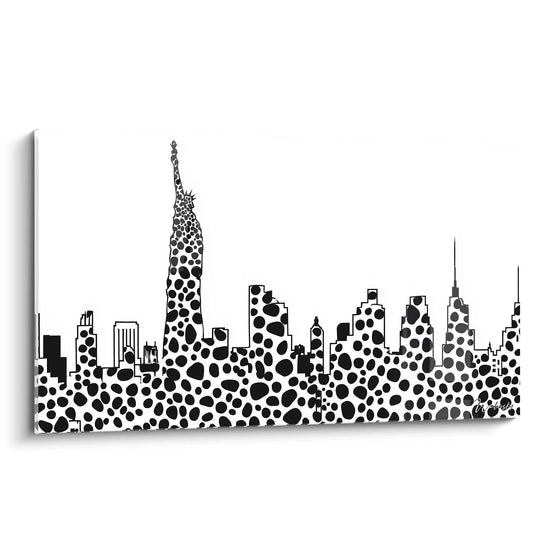Quadro maculato in bianco e nero che rappresenta uno skyline con la Statua della Libertà di Walensky