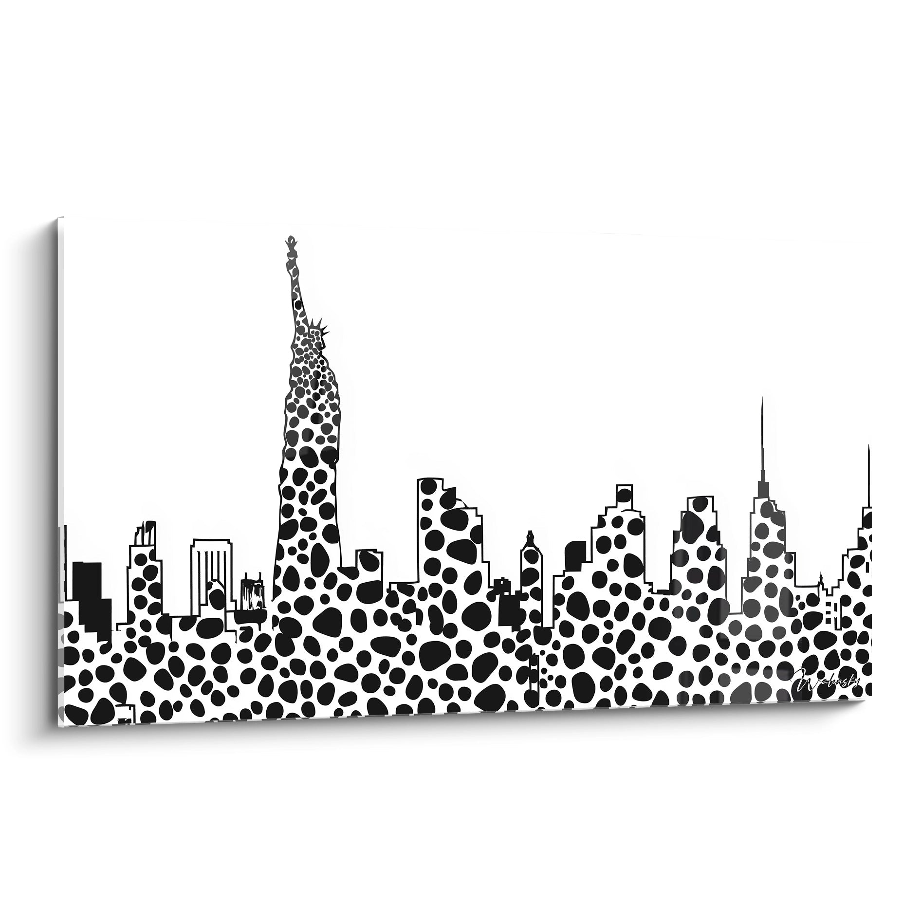 Tableau tacheté noir et blanc représentant un skyline avec la Statue de la Liberté de Walensky