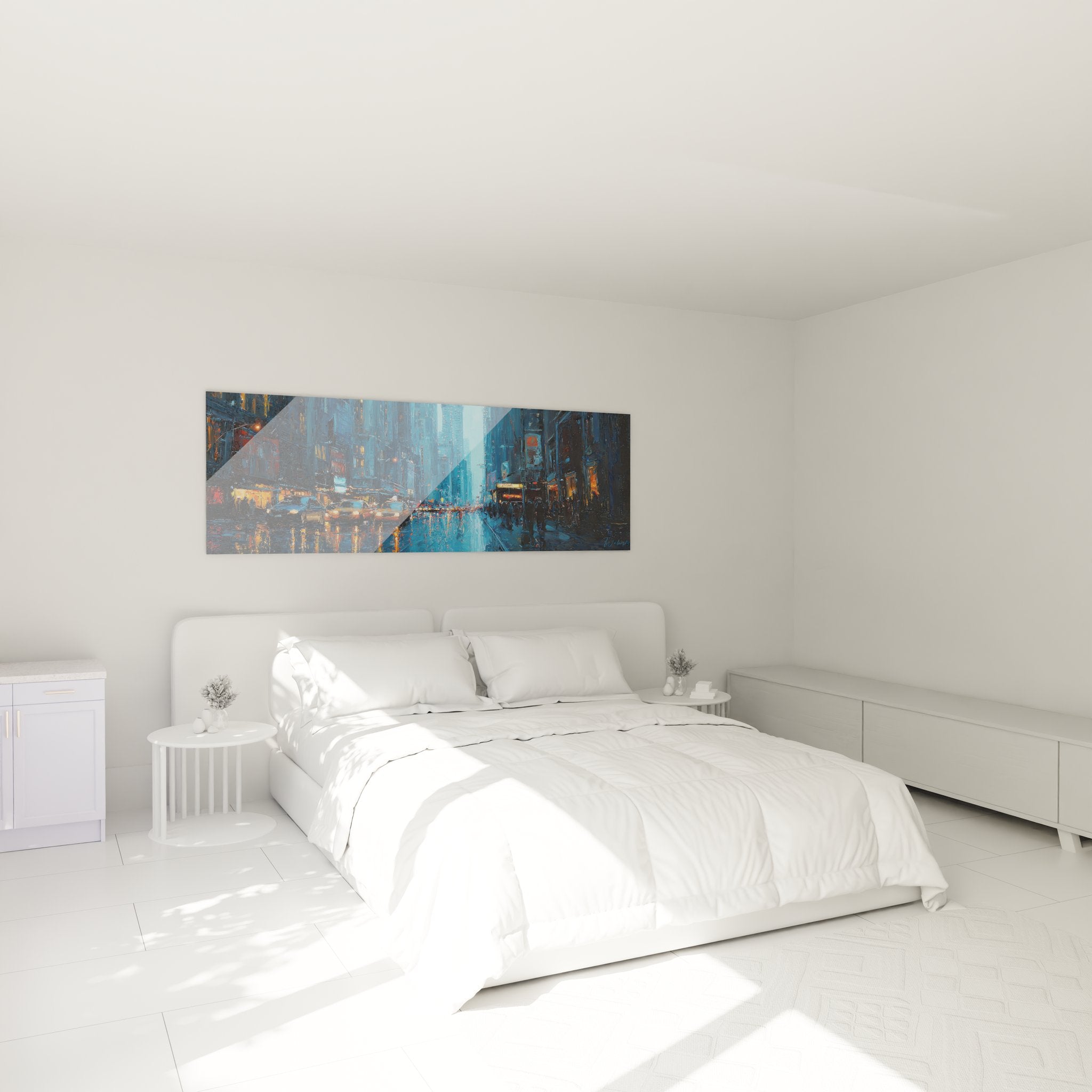 Tableau New York pluie nuit décorant une chambre moderne avec ambiance urbaine impressionniste