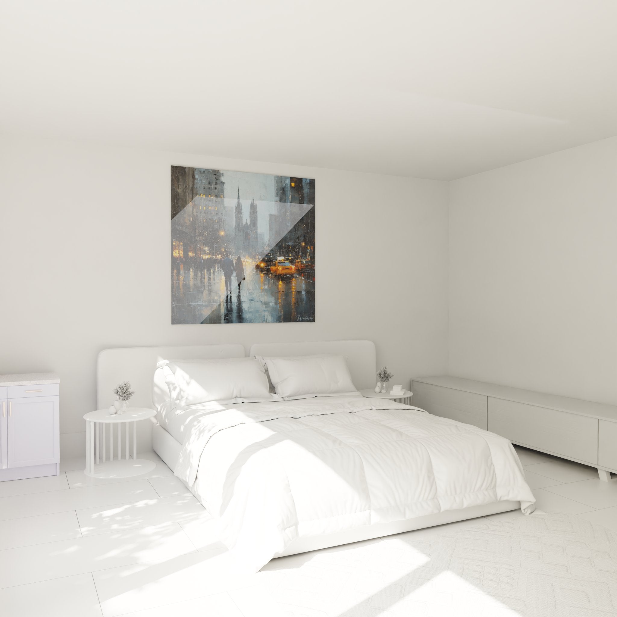 Tableau décoratif New York pluie installé dans chambre moderne avec ambiance urbaine élégante