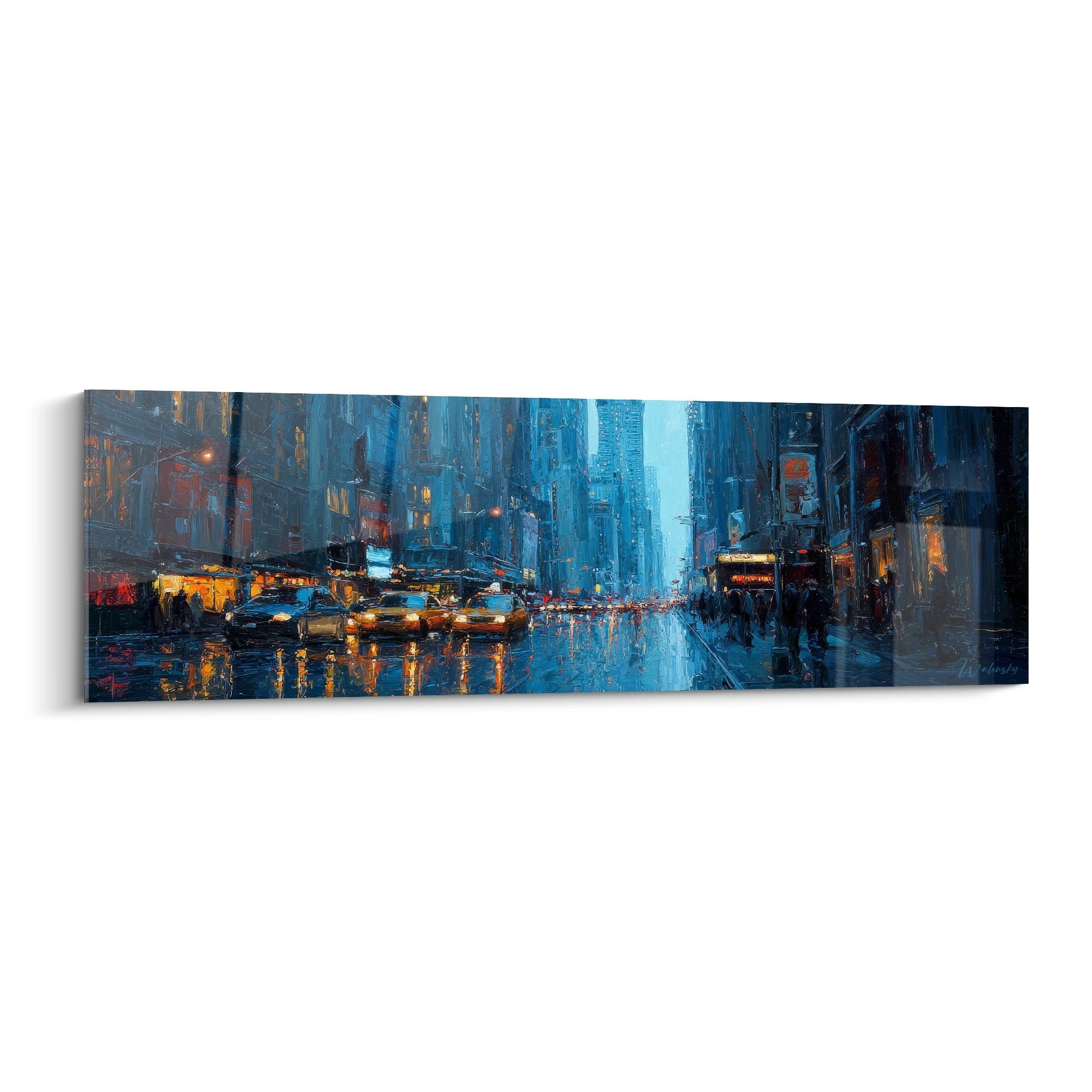 Tableau mural New York sous la pluie nocturne avec reflets lumineux et circulation urbaine style impressionniste