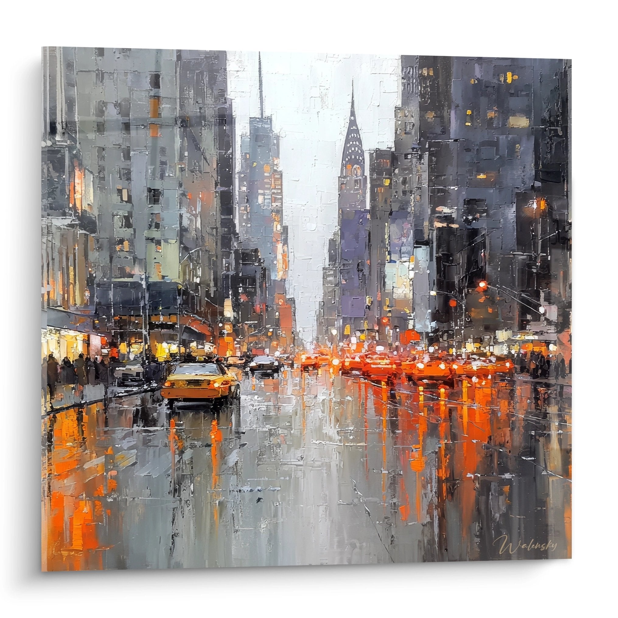 Tableau New York sous la pluie avec reflets orangés et Chrysler Building - art urbain contemporain