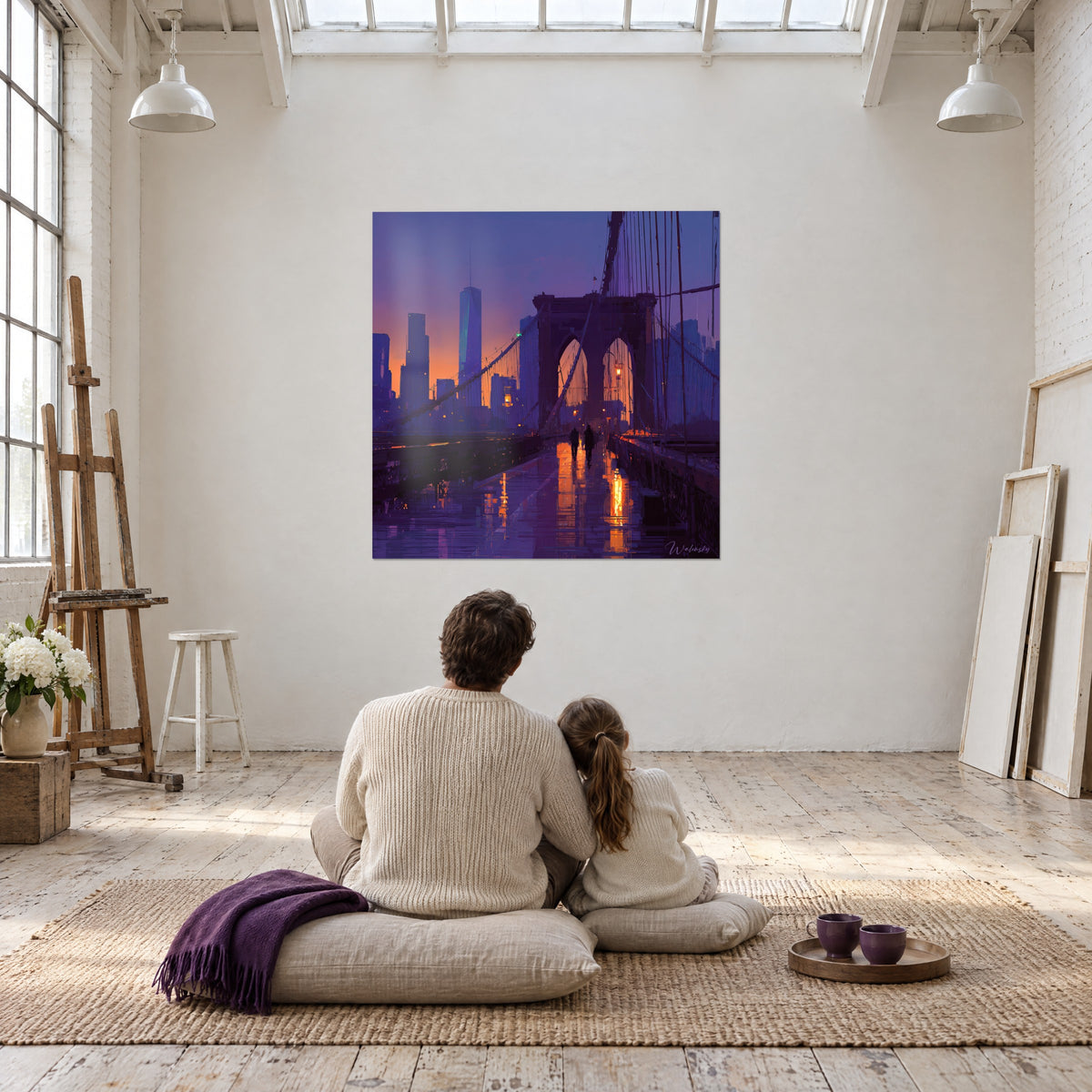 Tableau passerelle piétonne sous la pluie, flaques orange et violettes, deux marcheurs de dos, accroché face à un adulte et un enfant