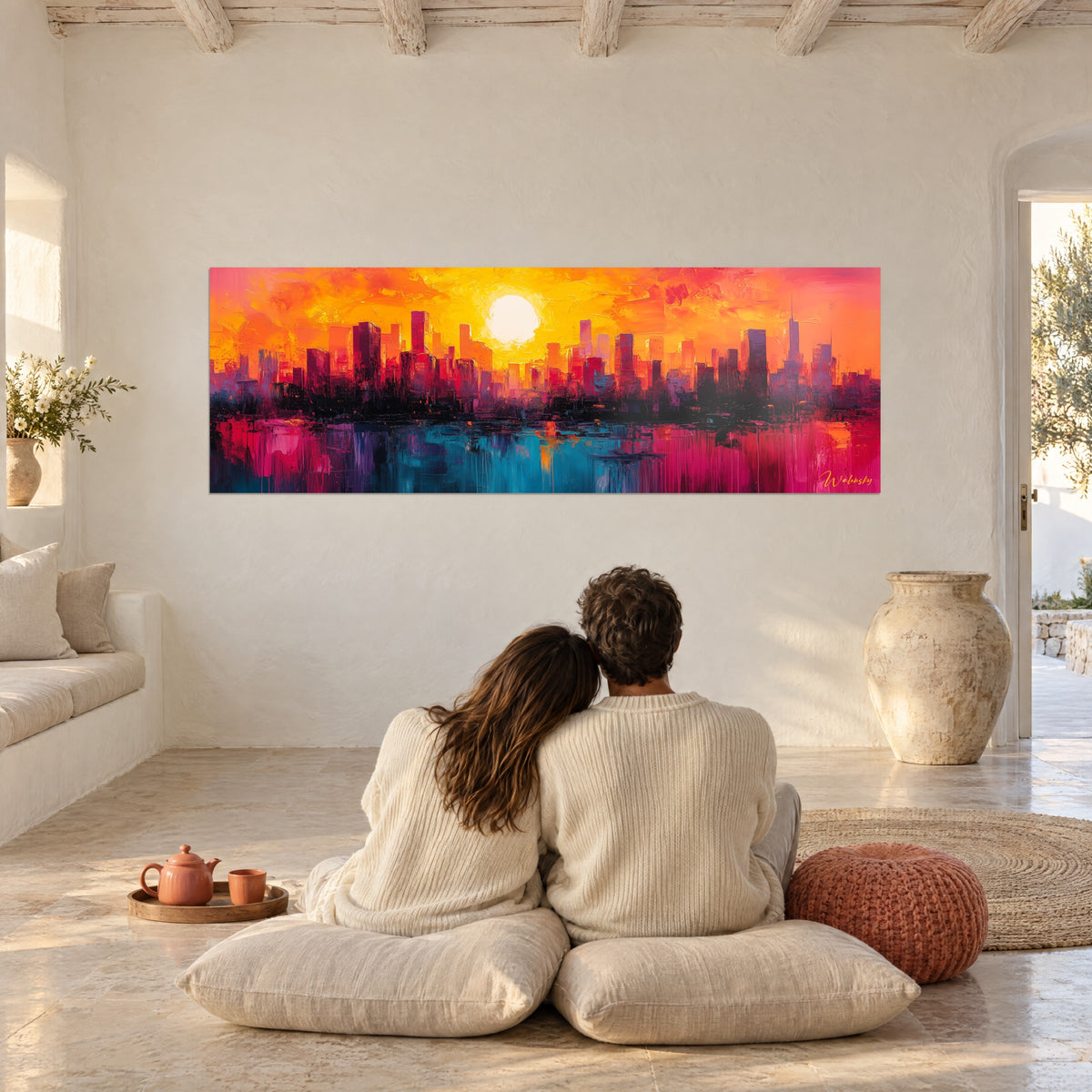 Cuadro de ciudad flameante pintada con espátula, disco solar blanco, cielo naranja, reflejos fucsia y turquesa, pareja abrazada sobre cojines
