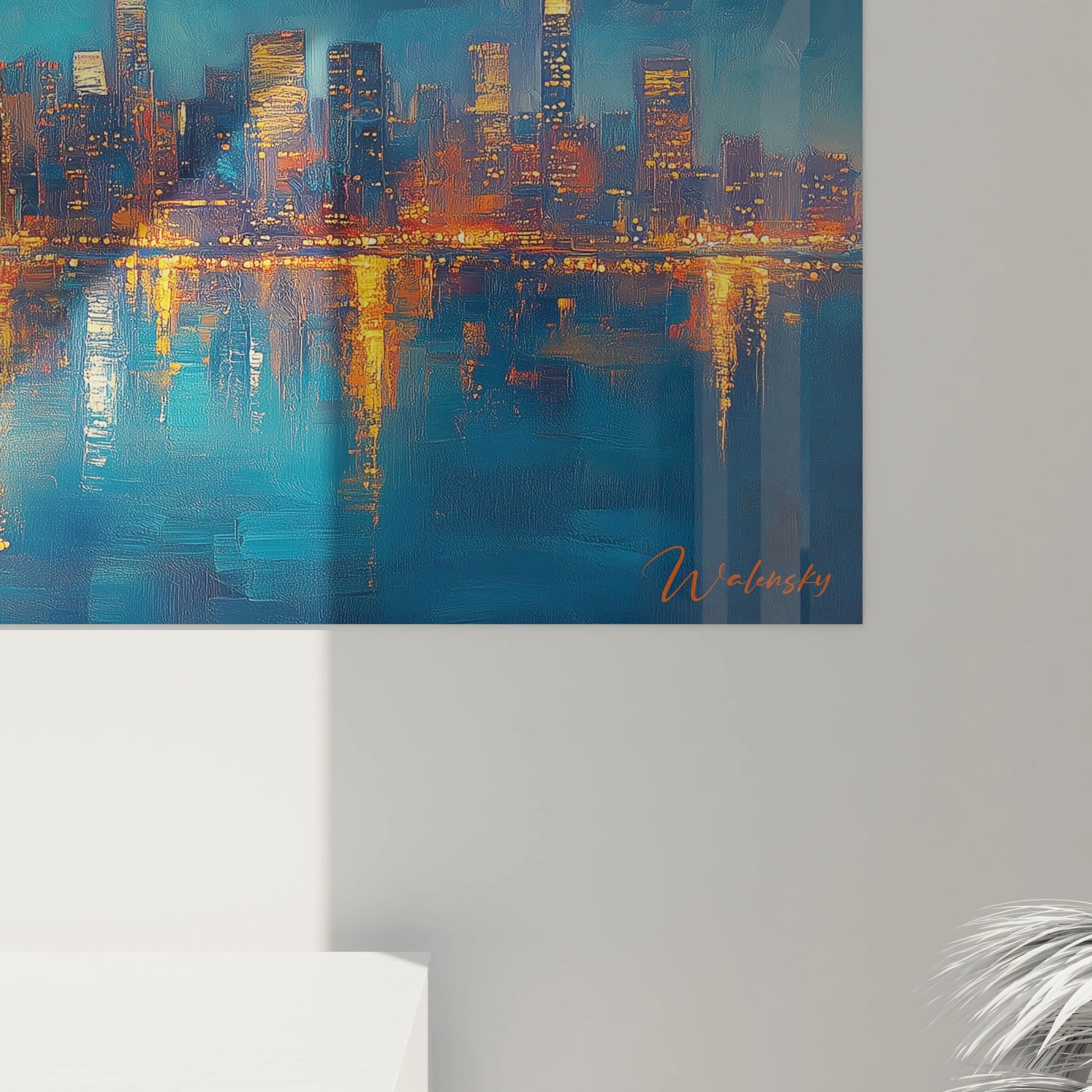 Tableau New York signé Walensky représentant la skyline lumineuse et reflet sur l'eau en soirée