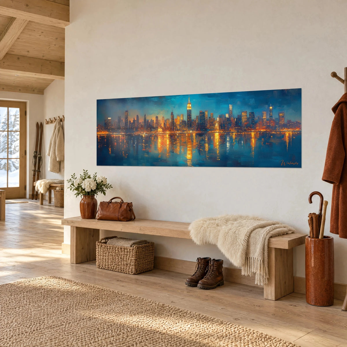 Quadro della skyline di New York a pittura spessa, torri ambrate su cielo turchese, vista di tre quarti, panca in legno nell'ingresso dello chalet