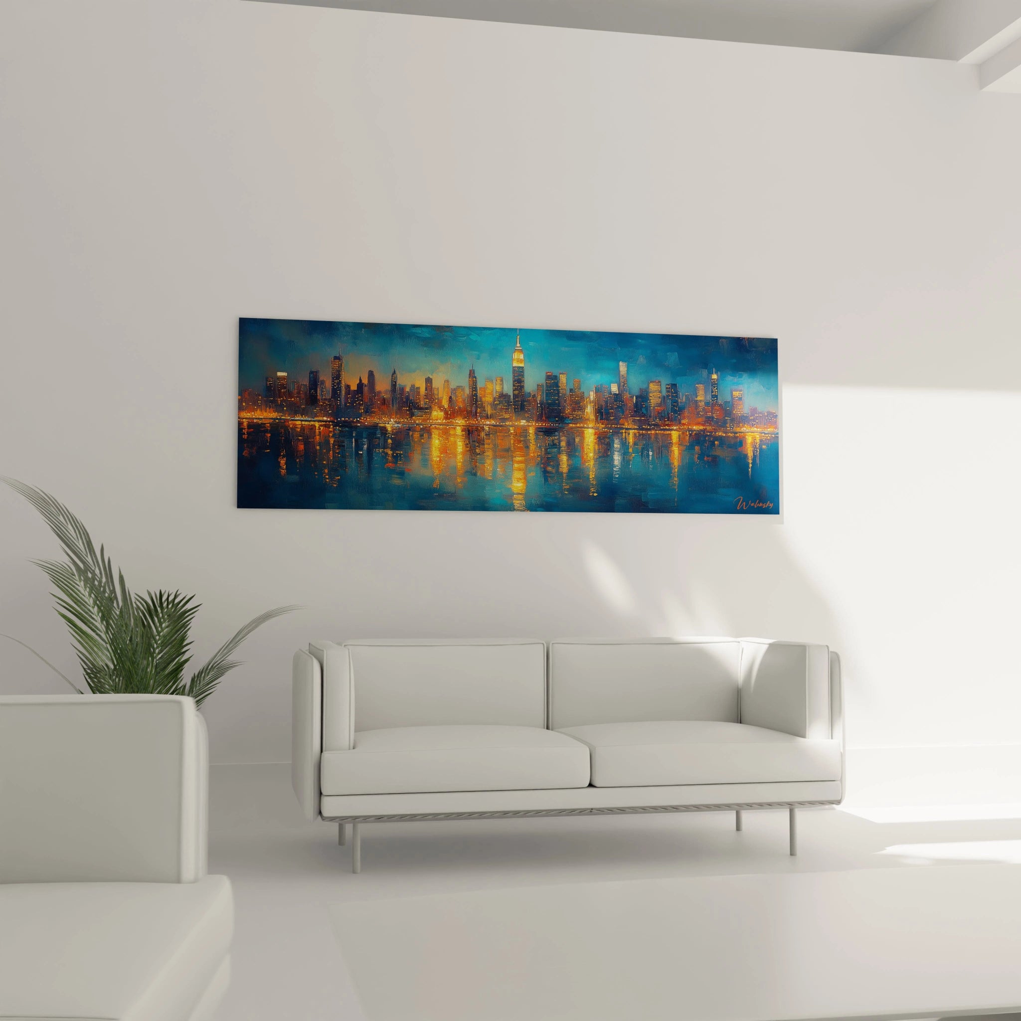 Tableau New York de Walensky avec vue nocturne illuminée suspendu dans un salon moderne blanc
