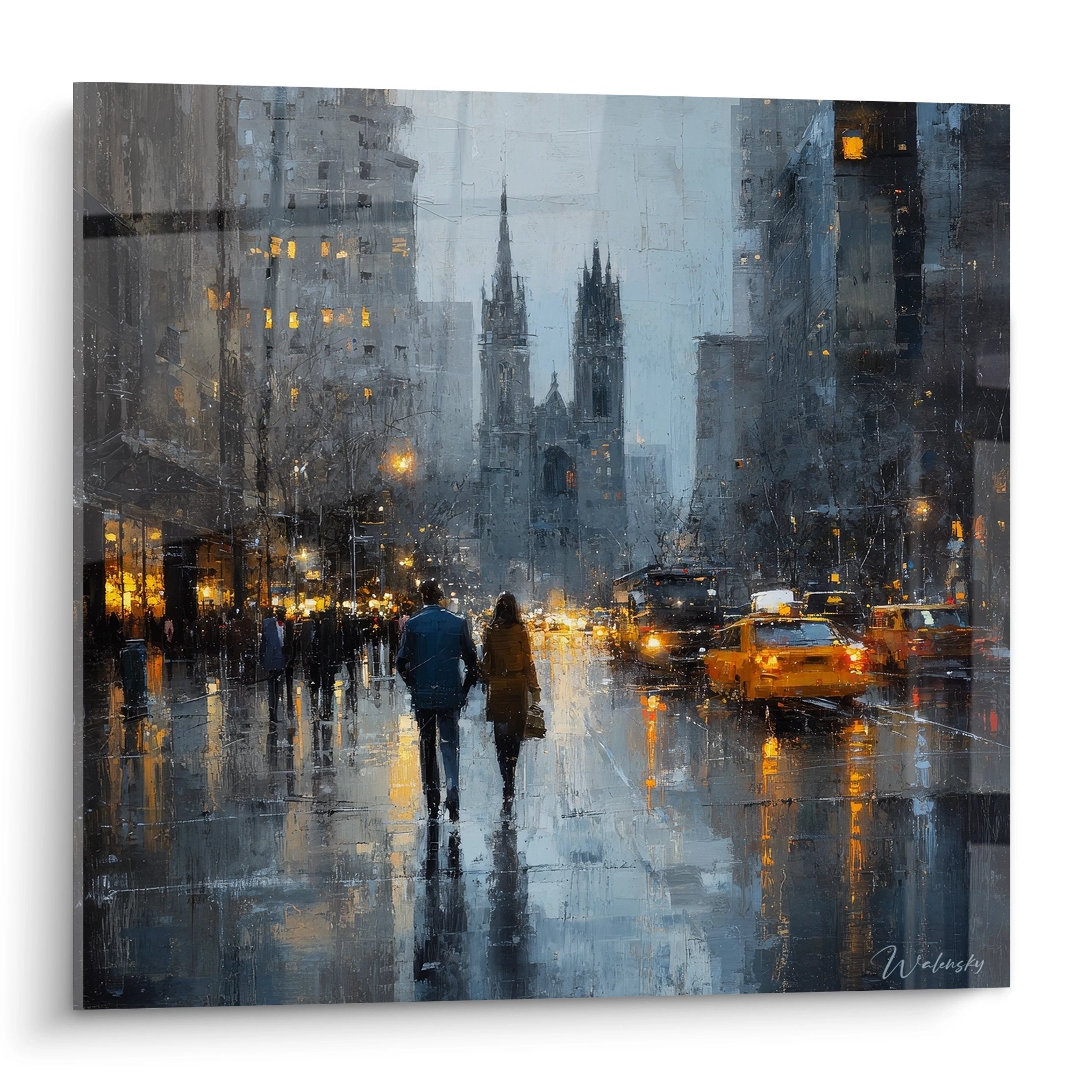 Tableau mural New York rue pluvieuse avec cathédrale, taxis jaunes et reflets urbains nocturnes