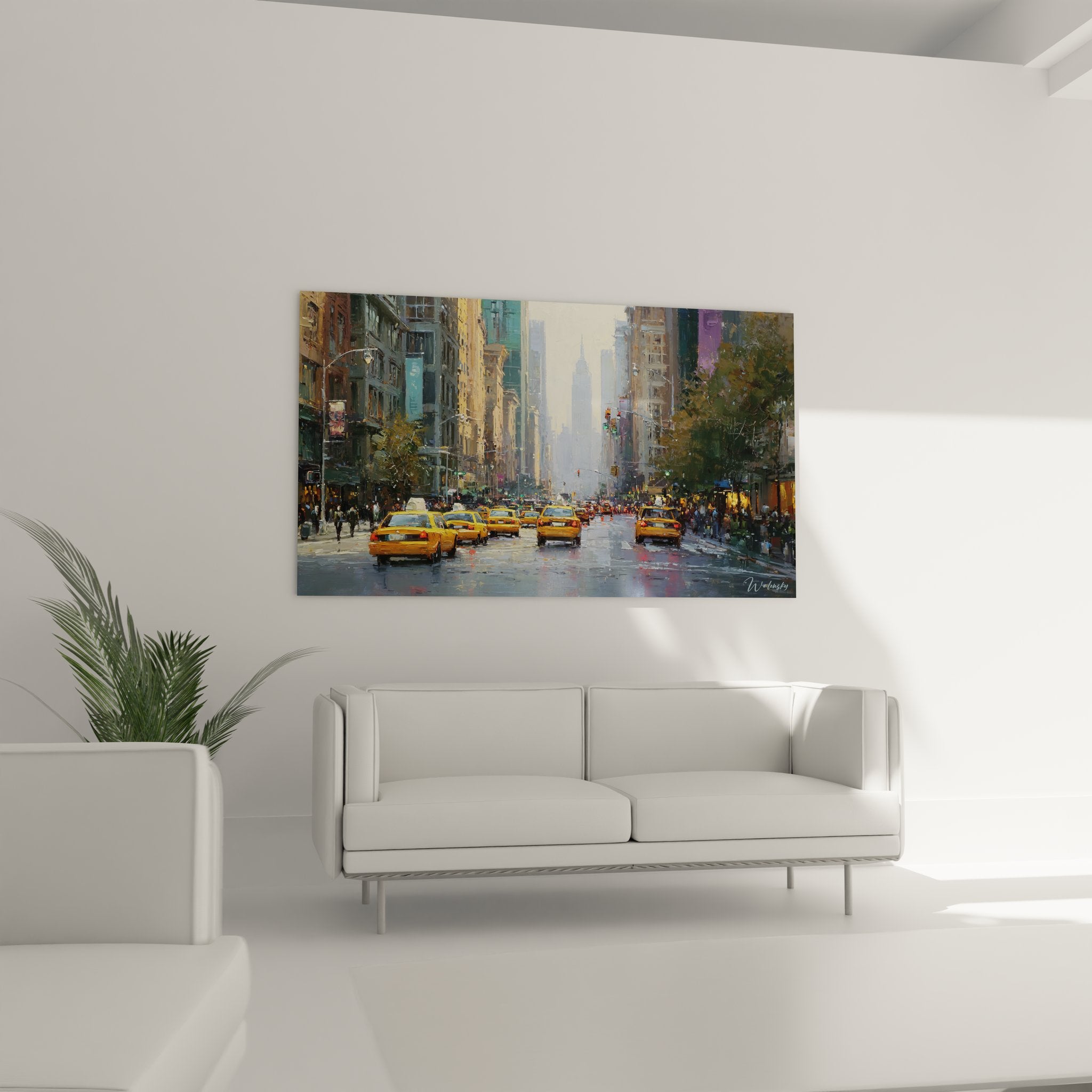 Détail tableau New York gros plan taxis jaunes reflets asphalte mouillé peinture urbaine contemporaine