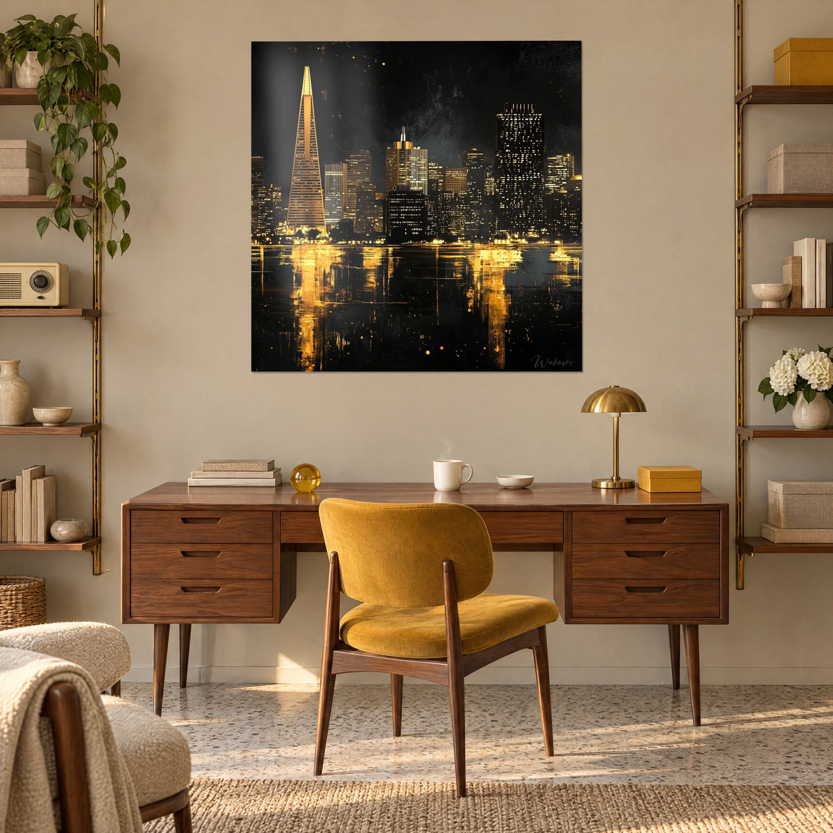 Tableau silhouette de gratte-ciel éclairés d'or sur fond noir charbon, reflets dorés sur l'eau, au-dessus d'un bureau en bois chaud