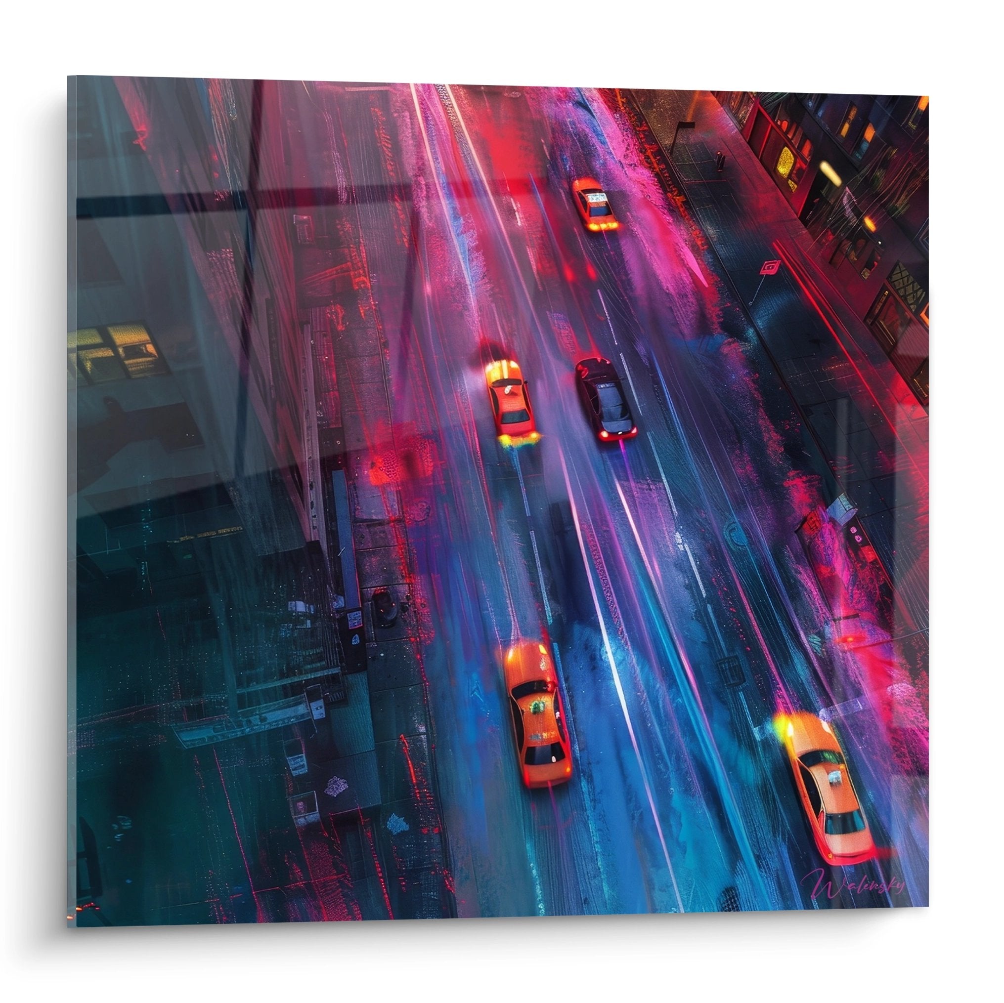 Tableau mural vue aérienne New York nocturne avec taxis et néons colorés sur asphalte mouillé