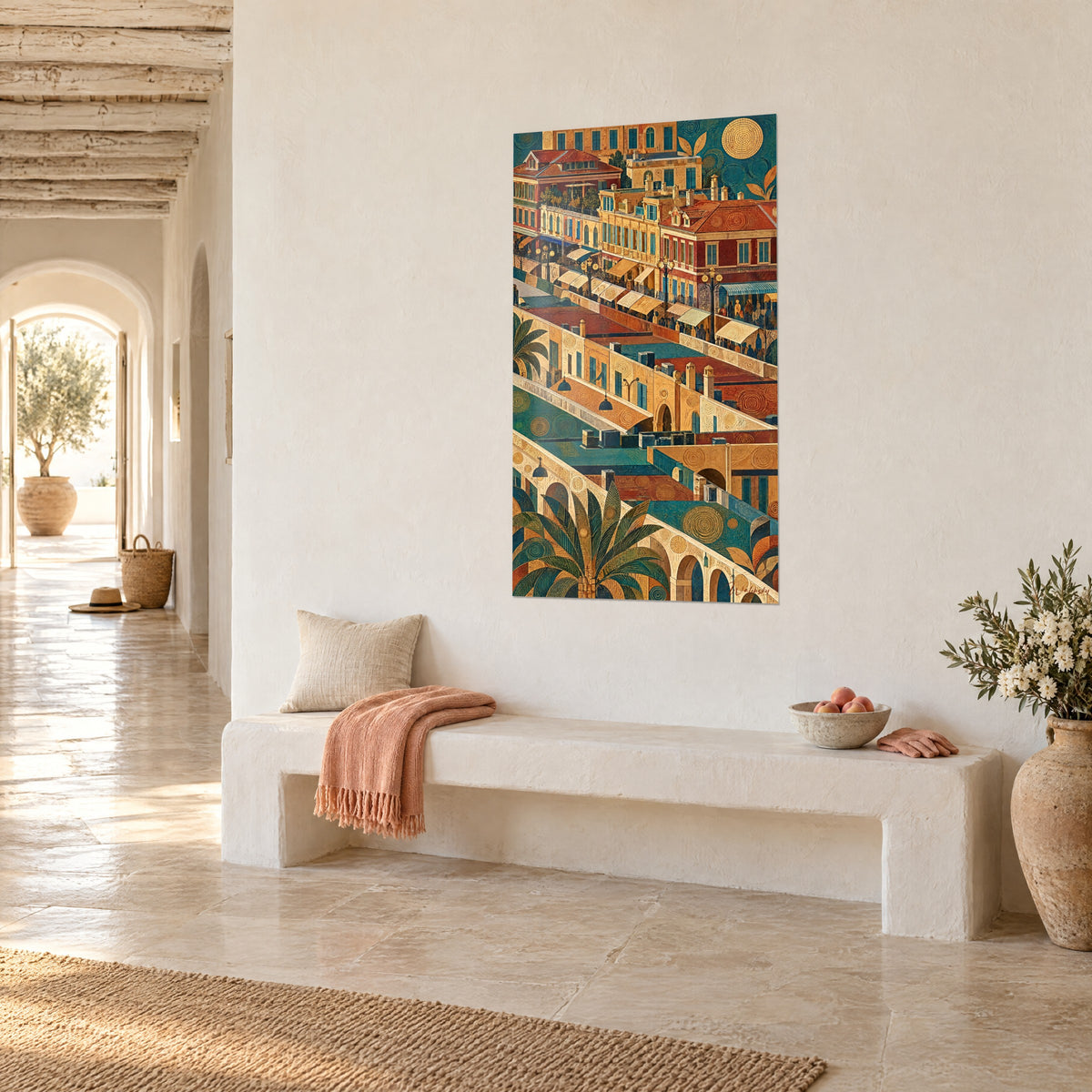 Quadro facciate dorate e tende a righe su vicoli a terrazze, rosso mattone e turchese, vista di tre quarti su un muro bianco