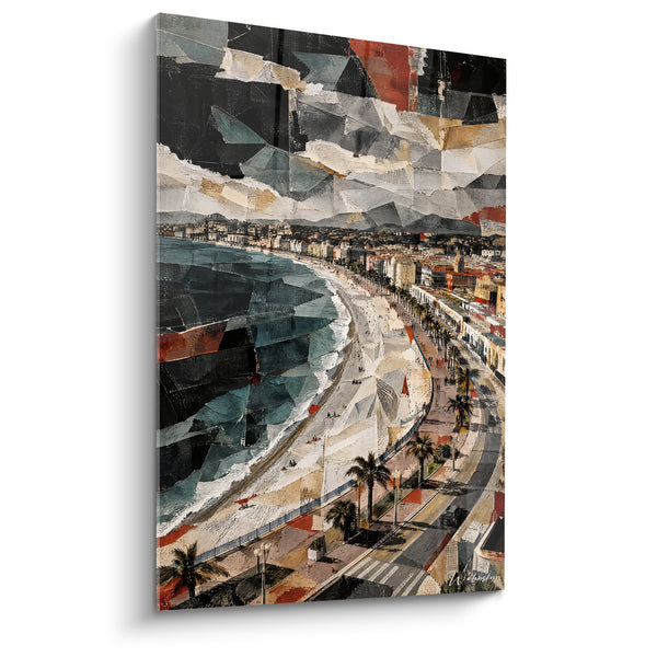 Tableau Promenade des Anglais ciel géométrique bleu rouille - Survol littoral fragmenté - Edition Nice  Provence-Alpes-Côte d'Azur  France