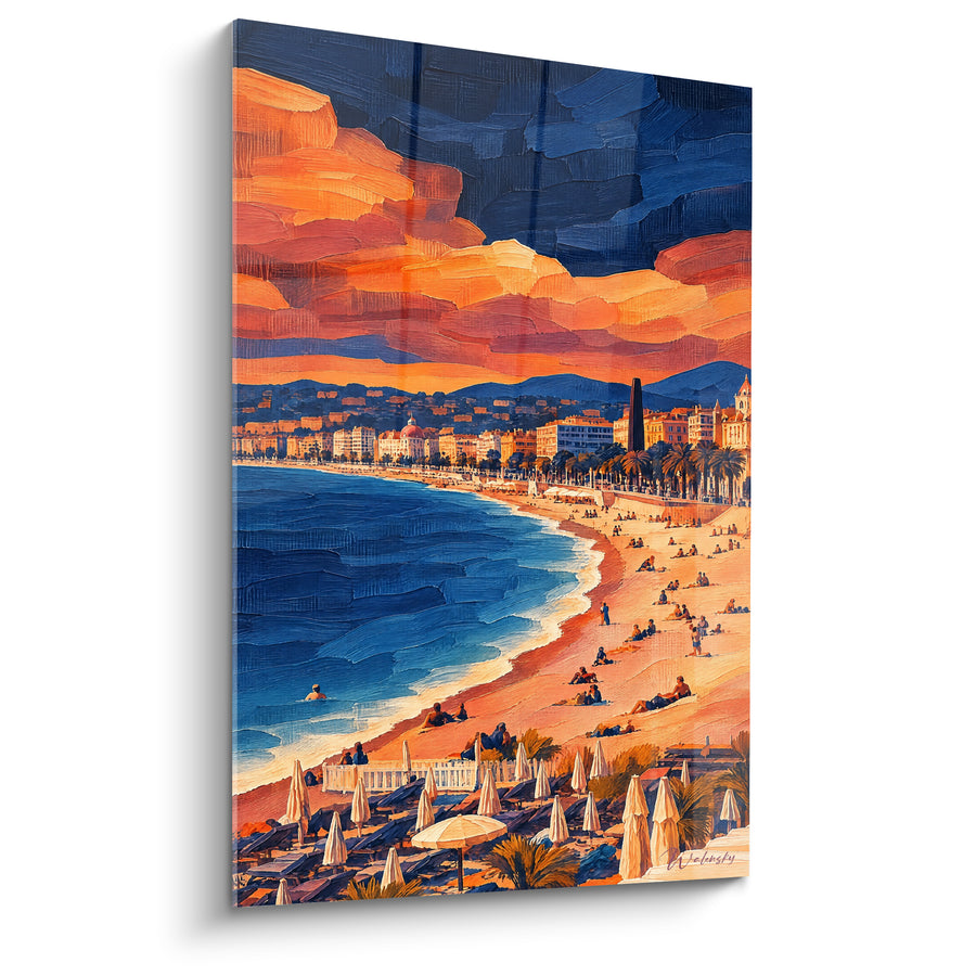 Painting Bay of Angels blue and orange at sunset - Evening on the bay - Edition Nice Provence-Alpes-Côte d'Azur France