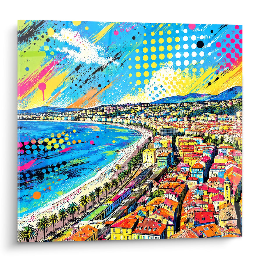 Tableau Baie niçoise bleu et jaune aux confettis pop - Pluie de pois multicolores - Edition Nice  Provence-Alpes-Côte d'Azur  France