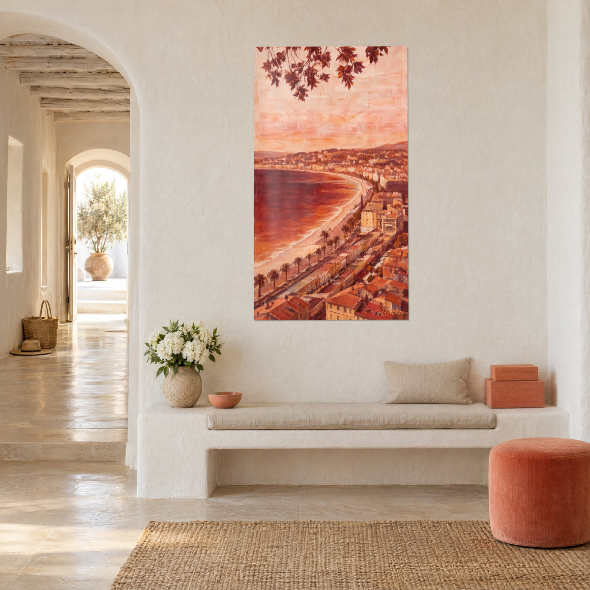 Wall art of the Nice bay seen from above, terracotta rooftops, ochre beach and palm trees, above a bench in a Mediterranean home
