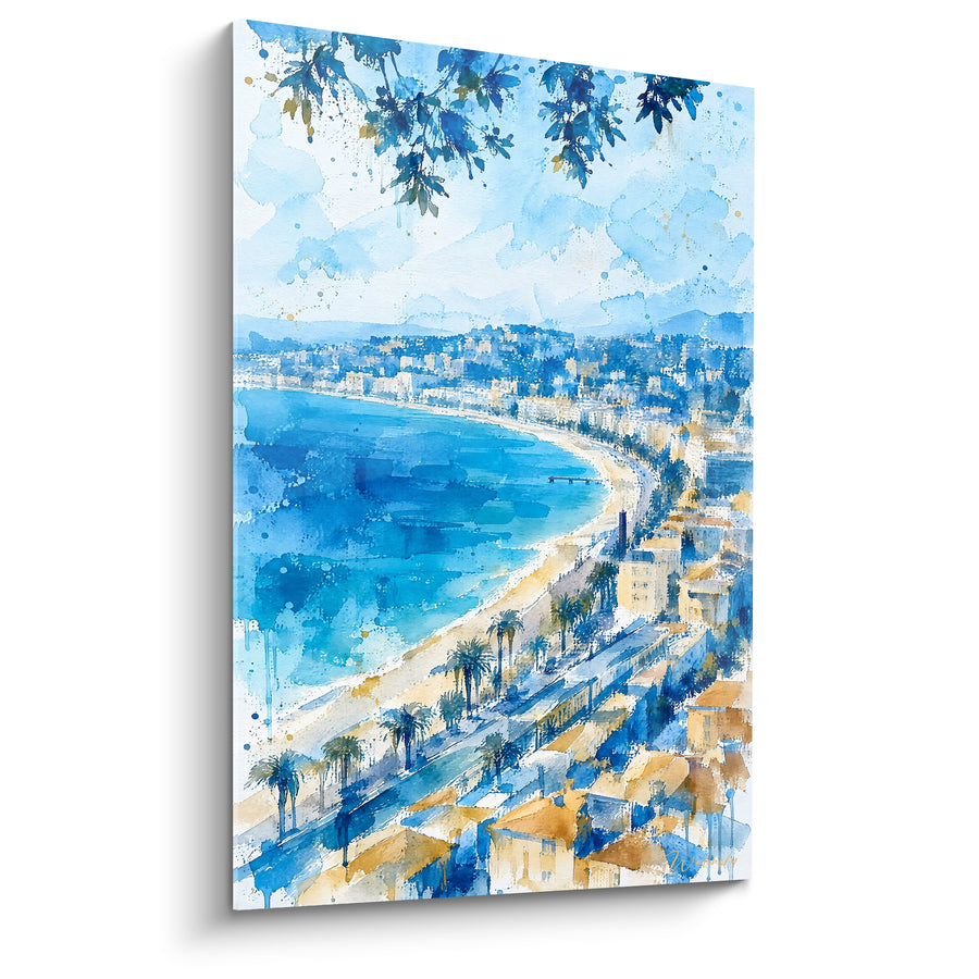 Painting of Baie niçoise Blue and Ochre Watercolor - Mediterranean Reverie - Edition Nice Provence-Alpes-Côte d'Azur France
